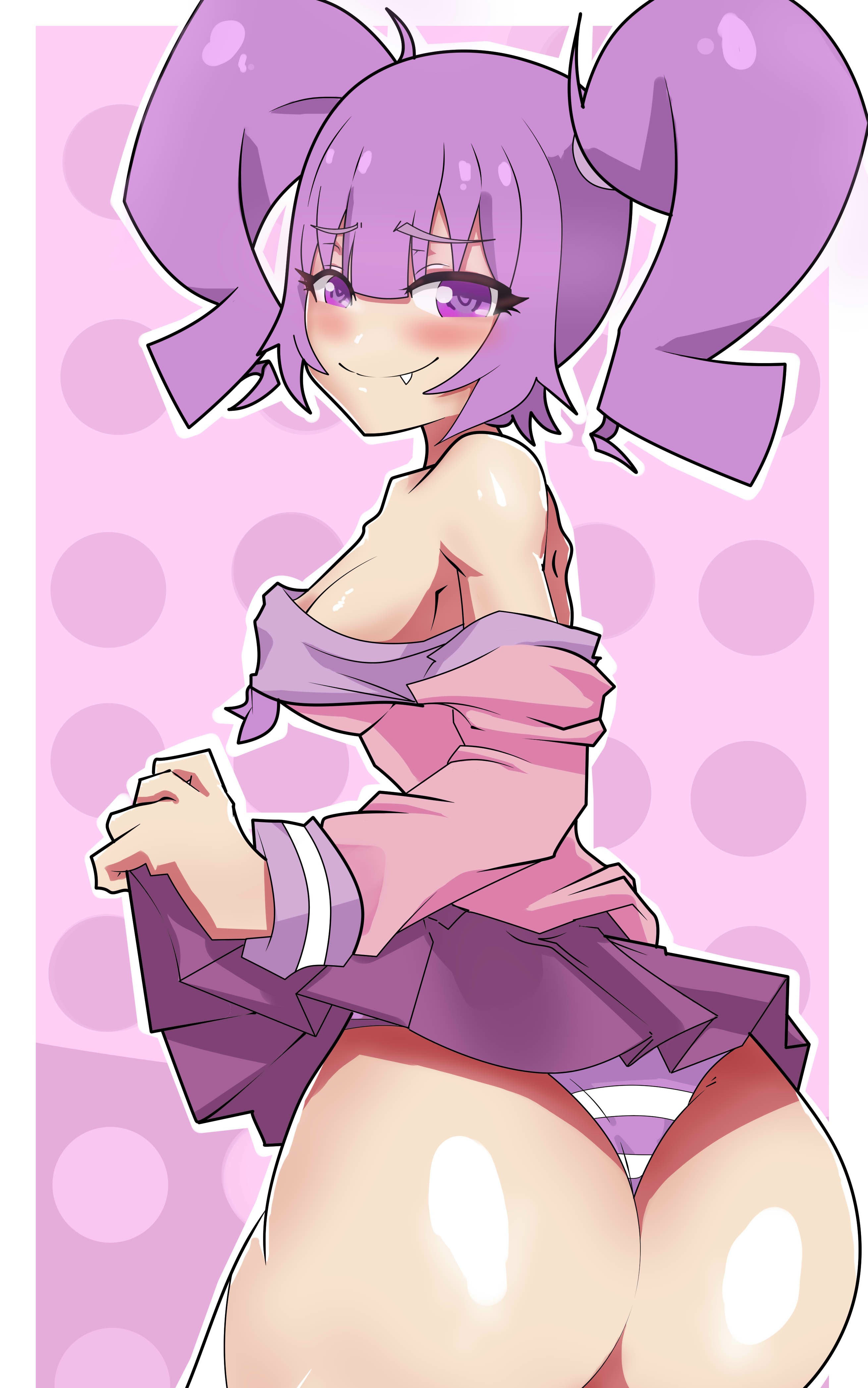 ass, blush, female, from behind, high resolution, huge ass, long hair, looking back, oerba yun fang, original, otachan, pantsu, purple eyes, purple hair, skirt, skirt lift, smile, solo, striped, striped panties, striped underwear, the otachan show, tied hair, twintails, underwear, very high resolution