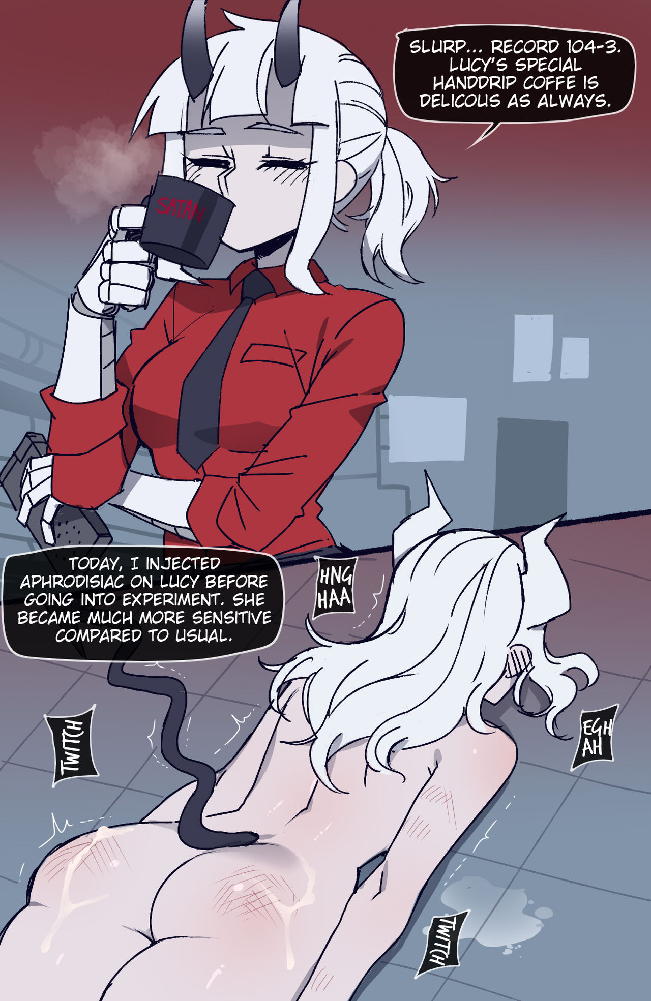 2girls, ass, clothed, clothed female, clothing, english text, female, helltaker, horn, loremaster (helltaker), lucifer (helltaker), multiple females, multiple girls, nude, nude female, ratatatat74, tagme, tail, text, trembling, white hair