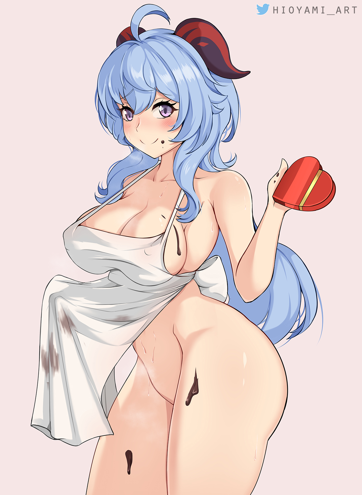1girls, ahoge, apron, ass, blue hair, blush, breasts, chocolate, erect nipples under clothes, female, female only, ganyu (genshin impact), genshin impact, hioyami, horns, large breasts, long hair, naked apron, navel, purple eyes, shiny, shiny skin, solo, thick thighs, thighs, valentine's day, wide hips