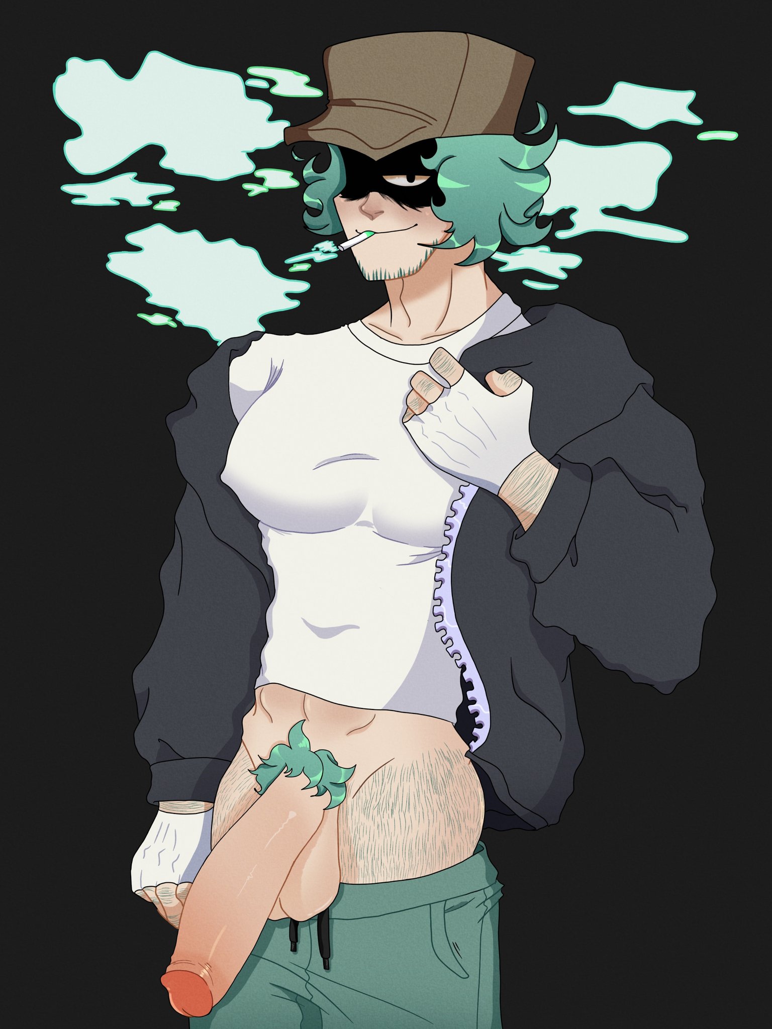 1boy, abs, balls, ballsack, bara, big arms, big balls, big pecs, big penis, black background, black jacket, body hair, chin pubes, cigarette, daddy, dangling balls, dangling testicles, erect nipples, facial hair, fantasmatty, feet out of frame, foreskin, friday night funkin, garcello (atsuover), green hair, hairy, hairy arms, hairy legs, hairy male, half-erect, huge cock, human, human only, jacket, large penis, lean muscle, leg hair, low hanging balls, male, male nipples, male only, male pubic hair, matt eljotron, monochrome background, muscles, muscular, muscular male, nipple bulge, nipples, pants down, pecs, penis, penis out, pubic hair, retracted foreskin, scrotum, shirt, smoking, smooth penis, solo, solo male, sweatpants, t-shirt, testicles, tight clothing, tight shirt, uncircumcised, uncut, white shirt, yaoi
