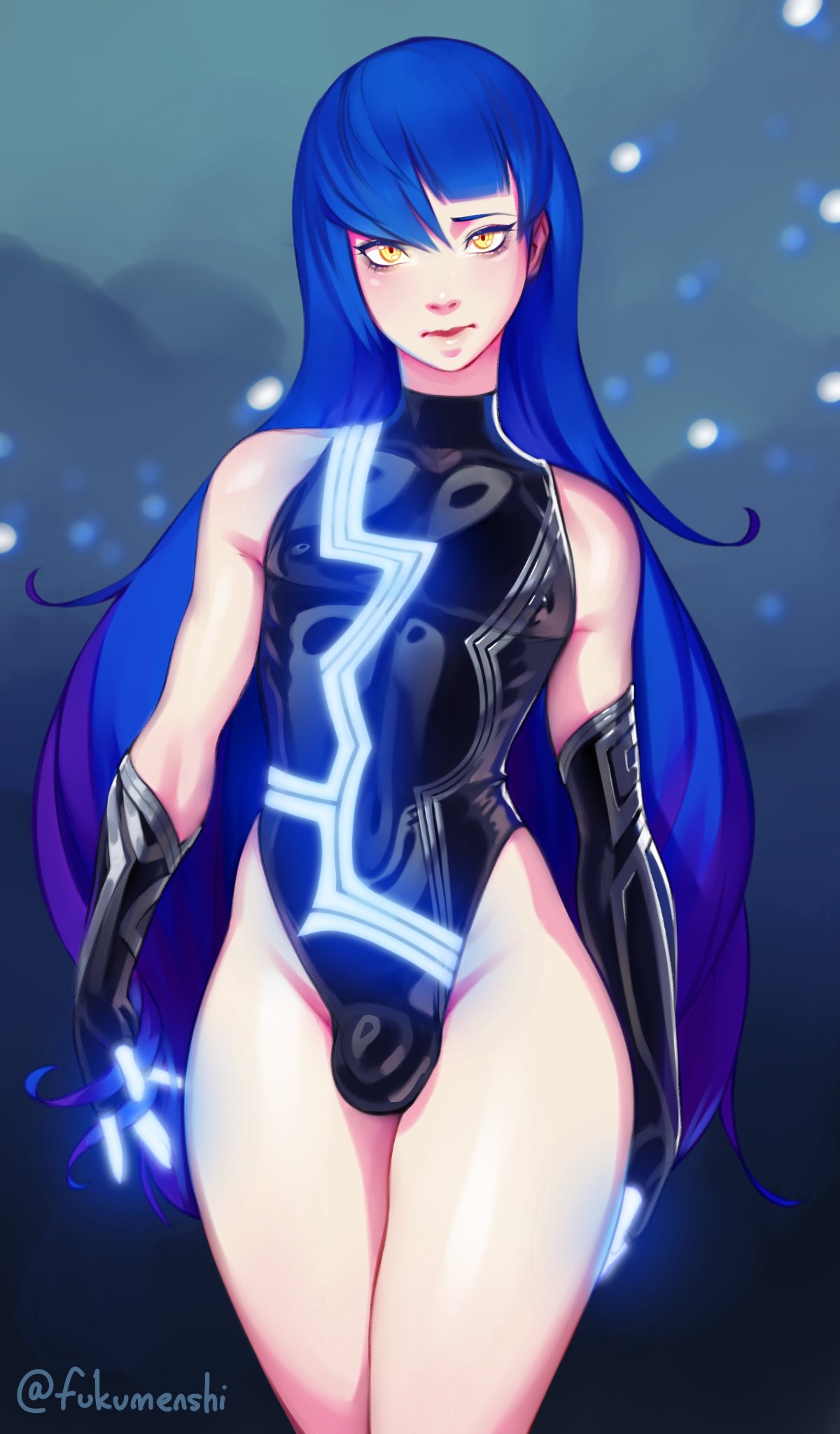 1boy, absurd res, atlus, blue hair, bulge, femboy, fukumenshi, gloves, latex suit, long hair, looking at viewer, male, male only, megami tensei, nahobino (smt), protagonist (shin megami tensei v), shin megami tensei, shin megami tensei v, solo, tagme, twink, yellow eyes
