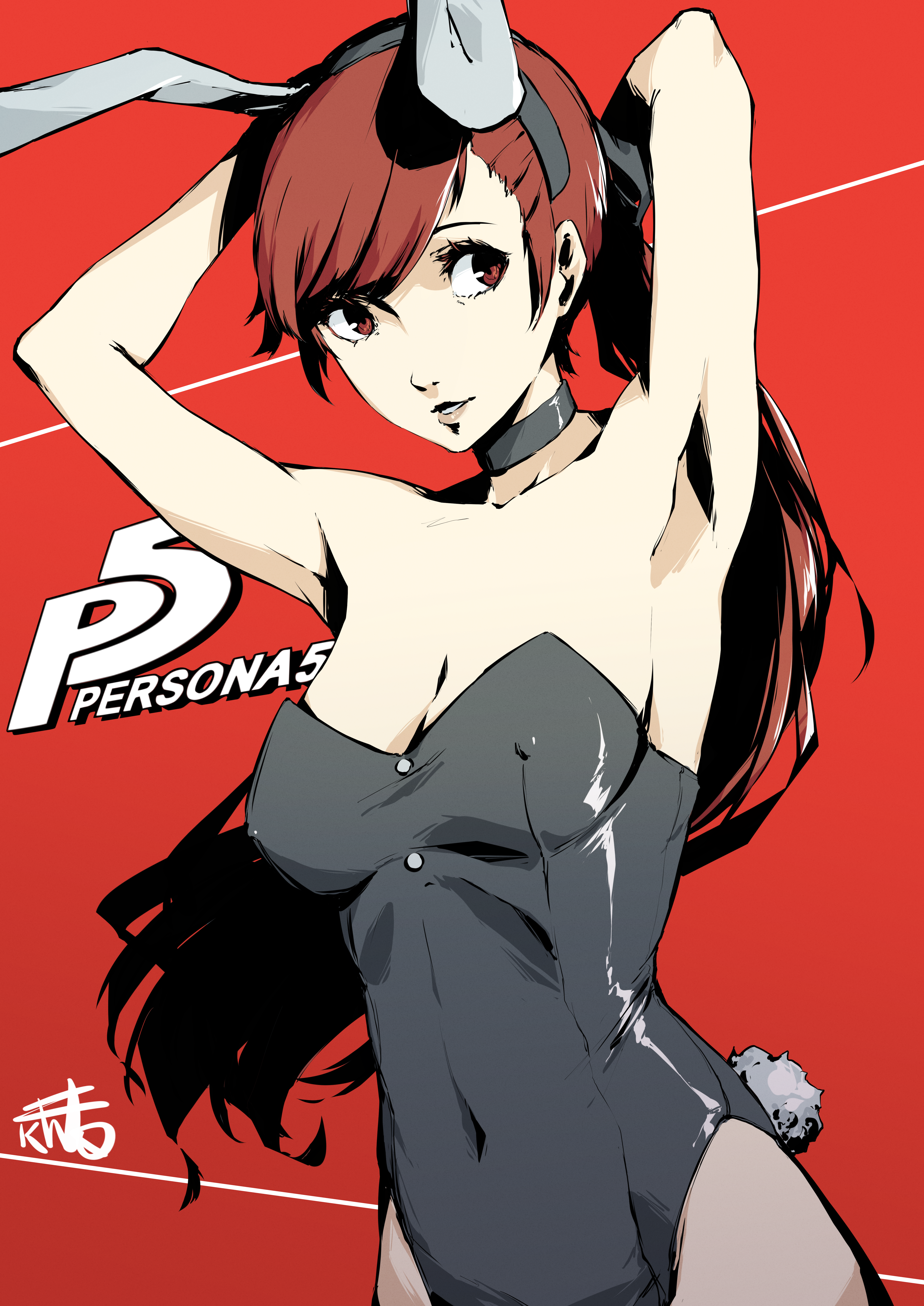 1girls, 2d, armpits, arms behind head, bunny ears, bunny tail, bunnysuit, female, kasumi yoshizawa, kunomd, leotard, light skin, navel, nipples visible through clothing, persona, persona 5, persona 5 royal, red background, red eyes, red hair, simple background, solo, solo female, source request, sumire yoshizawa
