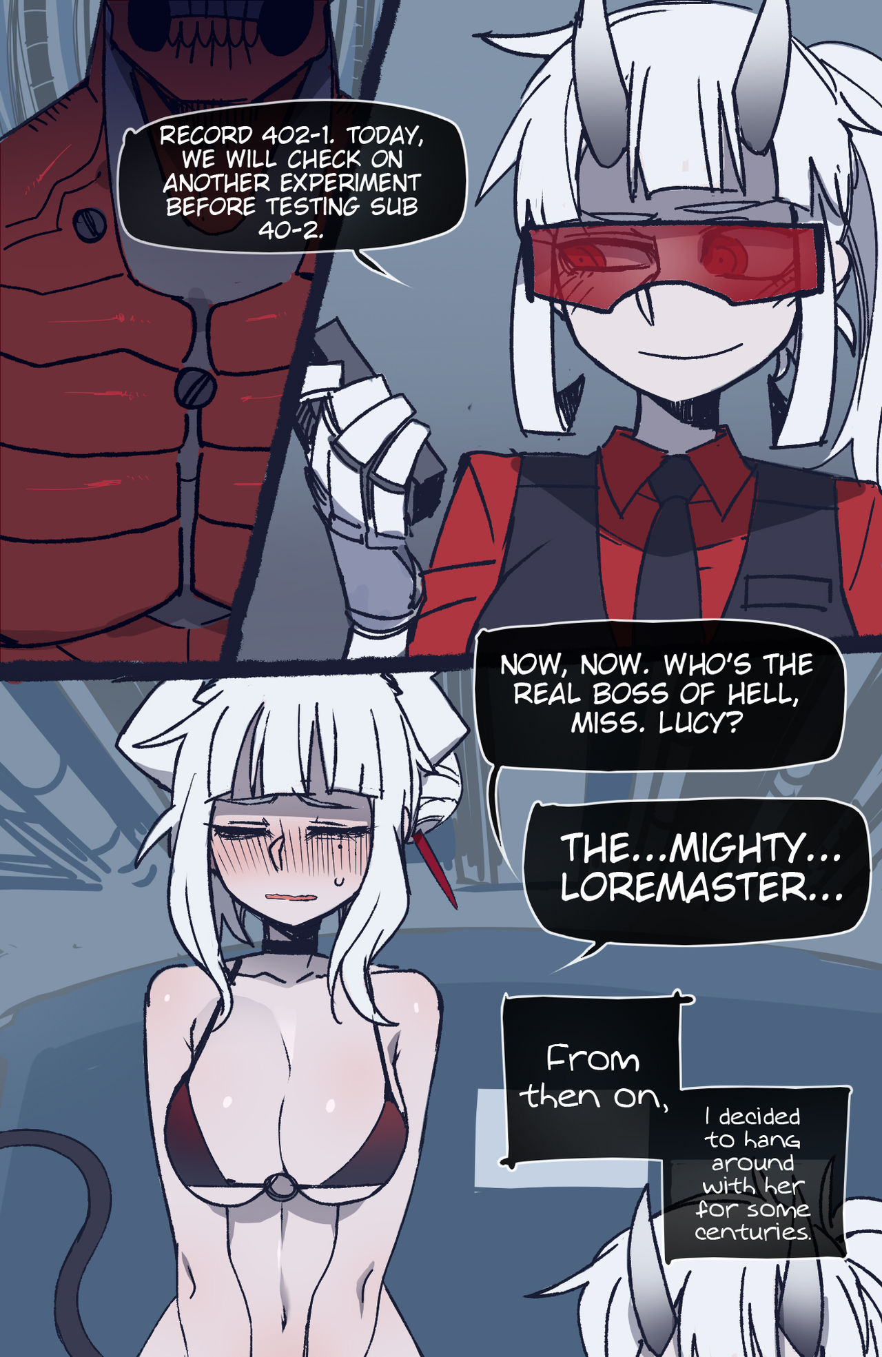 2girls, ass, azazel (helltaker), bangs, bikini, blush, breasts, bubble ass, bubble butt, cleavage, collarbone, demon, demon girl, demon horns, demon tail, female, female focus, formal, goggles, helltaker, horns, long hair, loremaster (helltaker), lucifer (helltaker), mr.skull, multiple females, multiple girls, necktie, prosthetic arm, ratatatat74, red eyes, red goggles, red shirt, red-tinted eyewear, shirt, speech bubble, sunglasses, tagme, tail, tinted eyewear, vest, visor, white hair