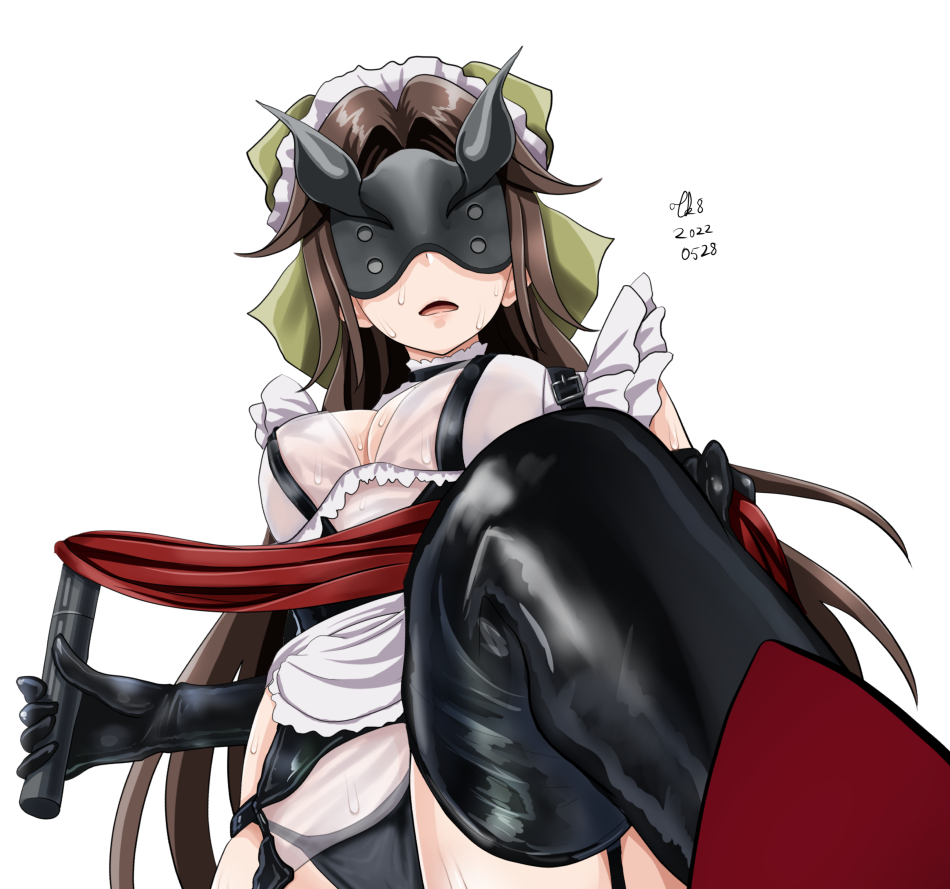 apron black_footwear black_gloves black_legwear black_mask black_panties boots bow brown_hair dated dominatrix elbow_gloves eye_mask female frilled_apron frilled_sleeves frills from_below gloves green_bow hair_intakes hairbow highleg highleg_panties holding holding_whip jintsuu_(kantai_collection) kantai_collection long_hair maid maid_apron maid_headdress open_mouth panties signature simple_background solo sweat thigh_boots tk8d32 underwear very_long_hair waist_apron white_apron white_background