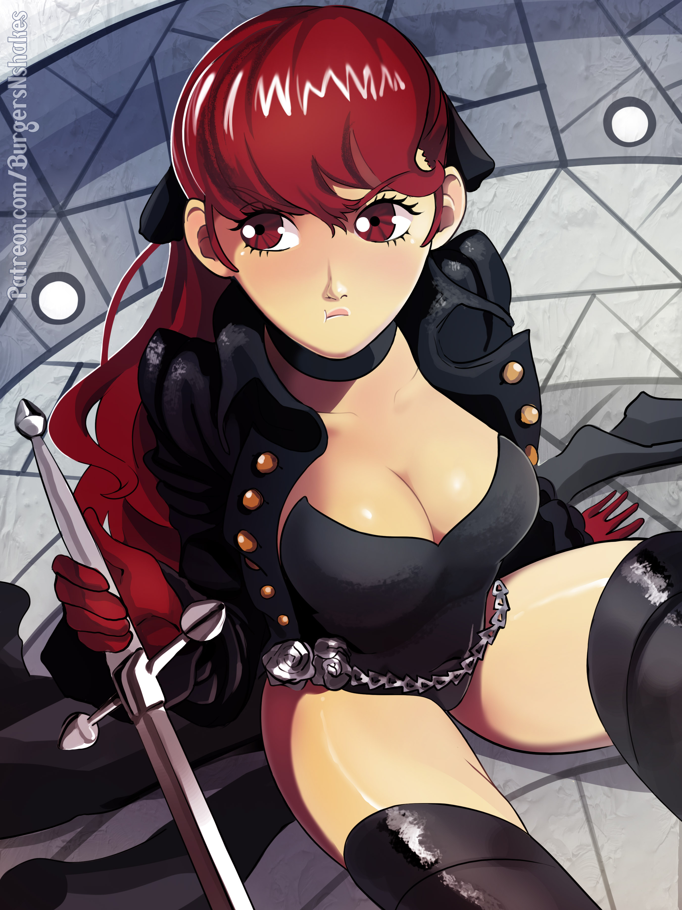 1girls, burgersnshakes, female, kasumi yoshizawa, leotard, persona, persona 5, persona 5 royal, phantom thief suit, pout, pouting, red eyes, red hair, sumire yoshizawa, tagme