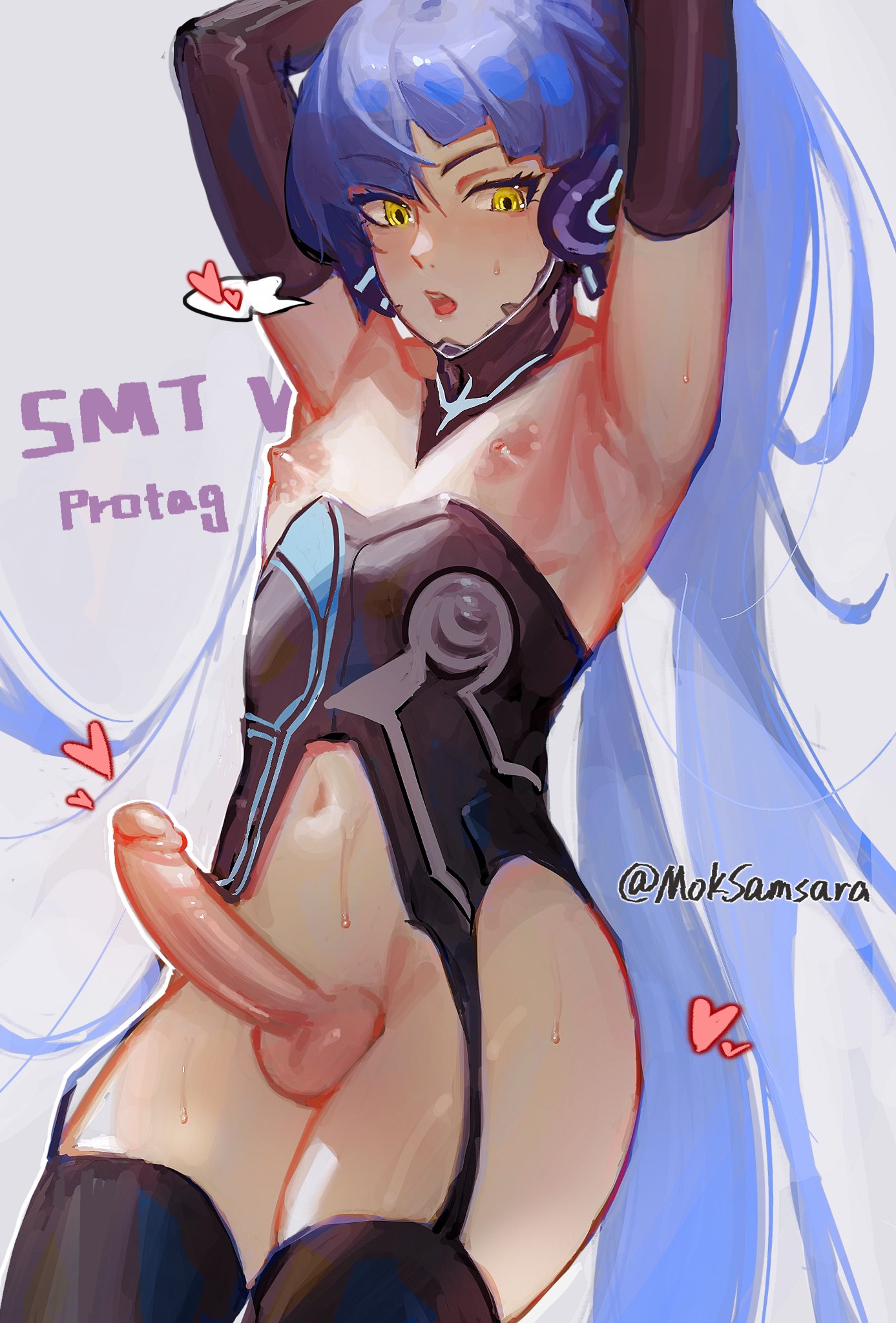 1boy absurd_res armpits atlus blue_hair bulge corset crossdressing elbow_gloves erection femboy flat_chest garter_straps girly gloves latex_suit lingerie long_hair male male_only megami_tensei nahobino_(smt) nipples penis presenting_armpit protagonist_(shin_megami_tensei_v) samsara samsara_(shuukeura) shin_megami_tensei shin_megami_tensei_v solo stockings sweat tagme twink yellow_eyes