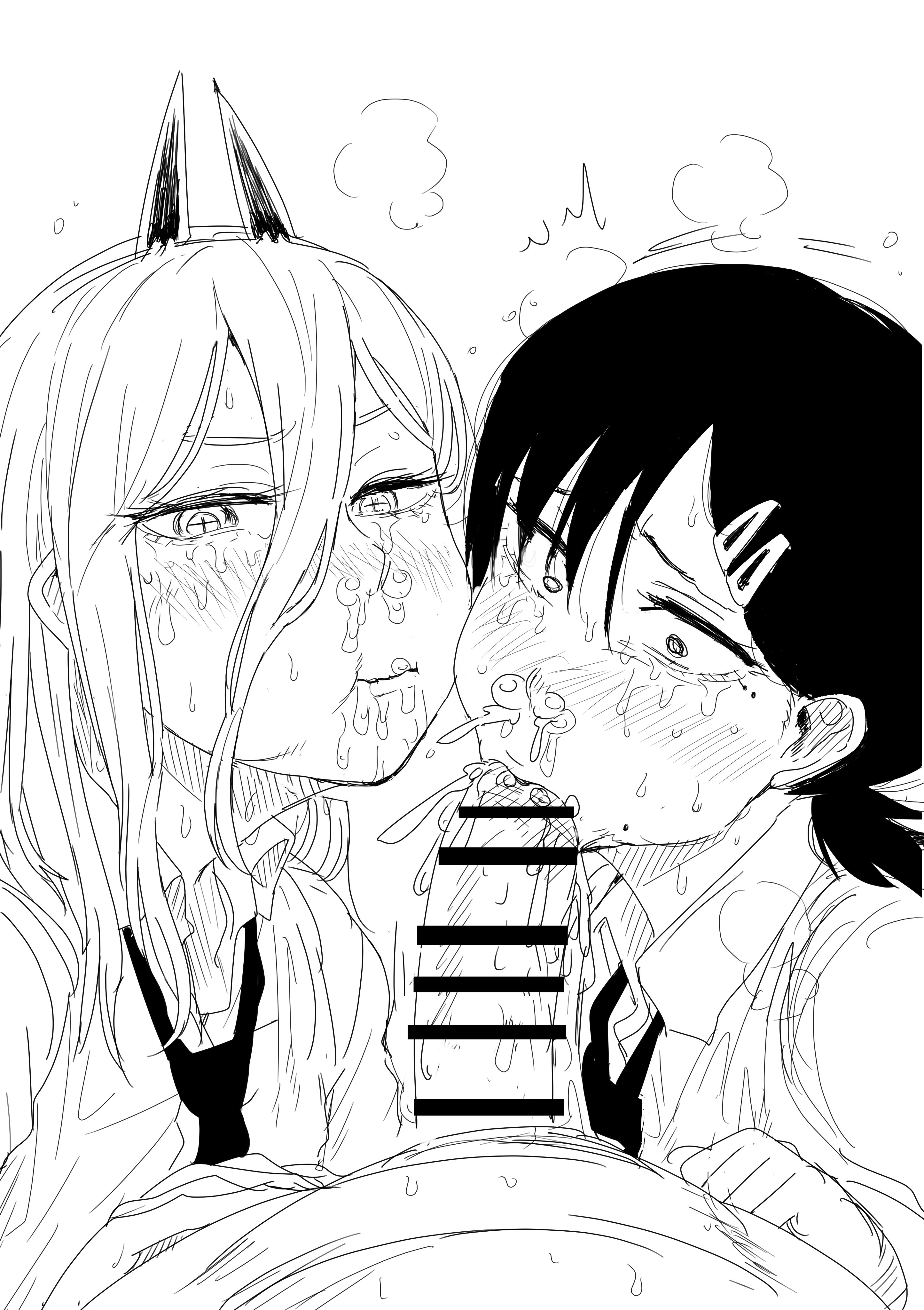 1boy, 2girls, big penis, black hair, blowjob, censor bar, censored, chainsaw man, cheek bulge, cum, cum in mouth, cum out nose, curved to the right penis, demon, demon girl, denji (chainsaw man), excessive cum, eye contact, fellatio, female, ffm threesome, higashiyama kobeni, horns, kaiman garupan, large penis, long hair, looking at viewer, male, mouth full of cum, mouthful, oral, penis, power (chainsaw man), short hair, sketch, sloppy blowjob devil, tears, threesome