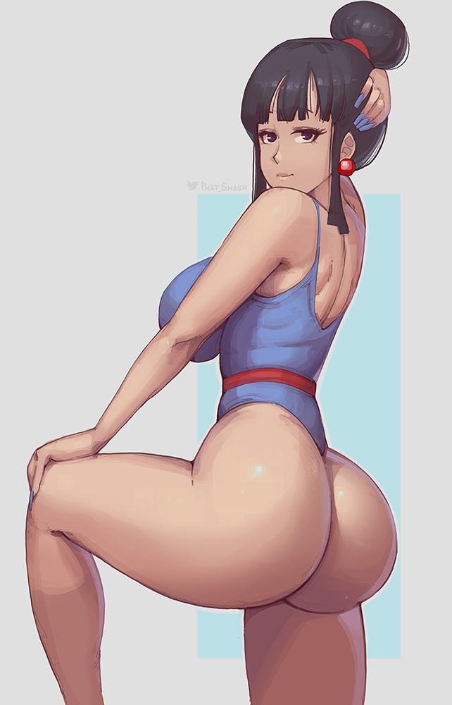1girls, ass, breasts, chicbi (z), chichi, dragon ball, dragon ball z, female, female focus, female only, hair bun, huge ass, looking at viewer, mature female, milf, phat smash, sideboob, simple background, solo, solo female, solo focus, thick thighs, wide hips