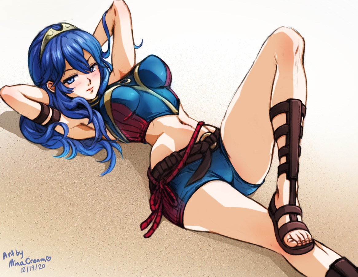 1girls, alternate costume, armpit, arms behind back, arms behind head, artist name, bare legs, bare midriff, belt, bikini, blue bikini, blue eyes, blue hair, blue shirt, blue shorts, blue swimsuit, breasts, brown belt, brown footwear, closed mouth, dated, english text, female, fire emblem, fire emblem awakening, fire emblem cipher, frown, gladiator sandals, long hair, looking at viewer, lucina (fire emblem), lying, medium breasts, midriff, minacream, navel, nintendo, on back, on ground, pose, sandals, shirt, shorts, sleeveless, sleeveless shirt, solo, swimsuit