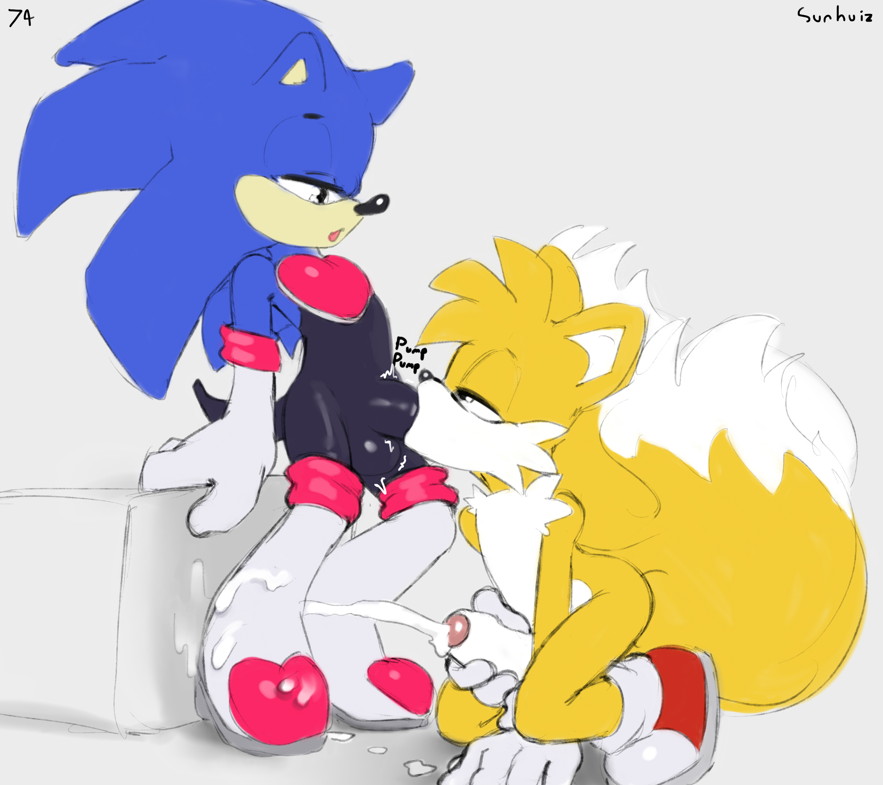 2 tails, absurd res, anthro, balls, bodily fluids, bulge, canid, canine, clothed, clothing, condom suit, crossdressing, cum, cum in mouth, cum inside, cum on feet, cum on ground, duo, ejaculation, eulipotyphlan, exposed torso, fellatio, femboy, footwear, foreskin, fox, fur, genital fluids, genital outline, genitals, handwear, hedgehog, hi res, humanoid, male, male/male, mammal, markings, masturbation, multi tail, oral, penile, penis, penis outline, rouge the bat (cosplay), rubber, sega, sex, sonic (series), sonic the hedgehog, sonic the hedgehog (series), sunhuiz, tail, tail markings, tails, tails the fox, uncircumcised, uncut