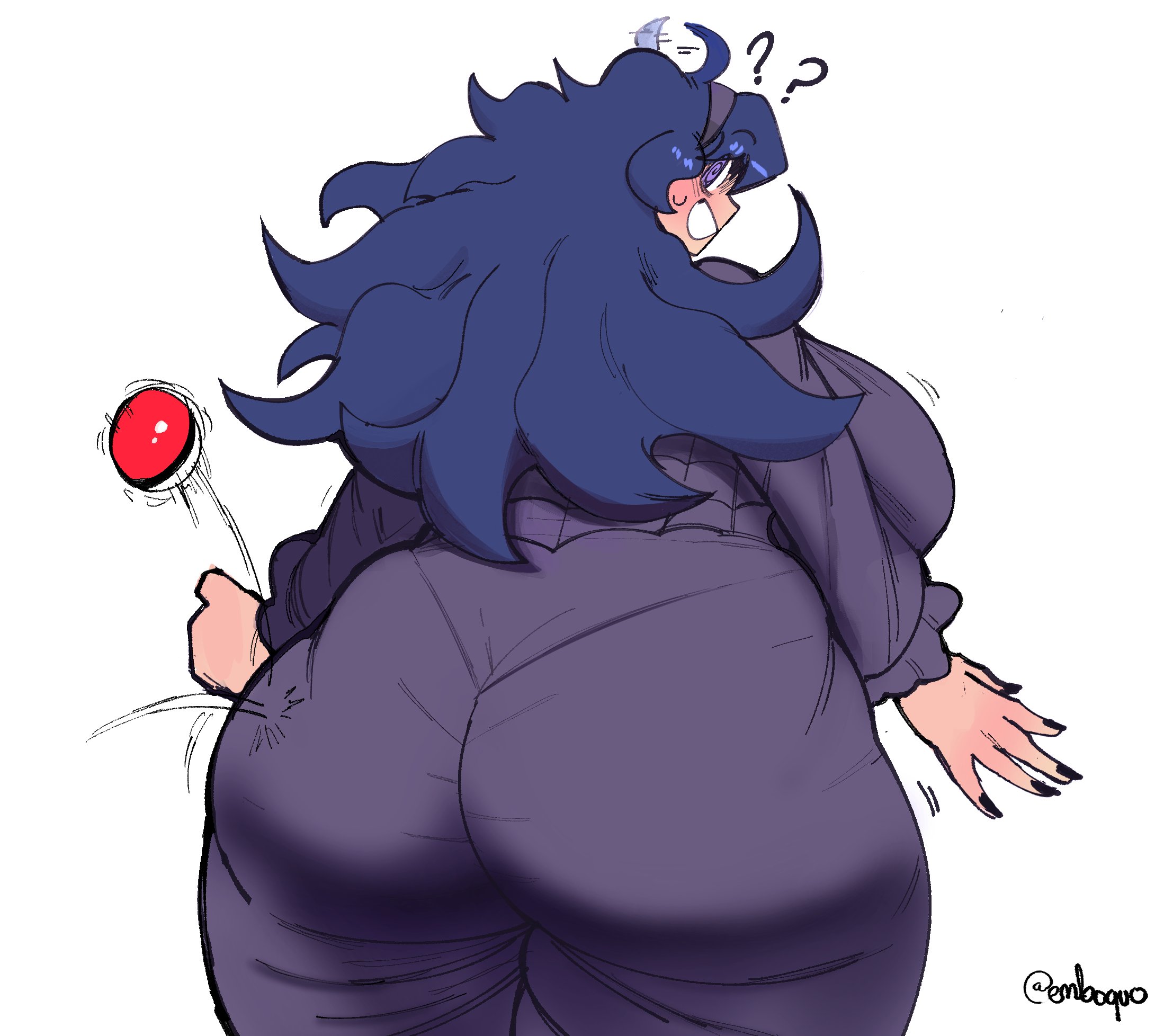 ?, 1girls, alternate breast size, ass, ass bigger than head, bbw, breasts, chubby, curvaceous, curvy, curvy figure, embo, facing away, fat ass, female, female focus, female only, hex maniac, huge ass, huge breasts, huge thighs, nail polish, panties, pantylines, pokeball, pokemon, purple eyes, shocked, shocked expression, simple background, solo, solo female, solo focus, sweatdrop, thick ass, thick thighs, voluptuous, wide hips