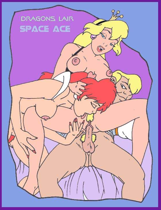 2girls ace ace_(space_ace) bisexual crossover crown dexter dexter_(space_ace) dragon's_lair female karstens kimberly multiple_girls princess_daphne reverse_cowgirl_position space_ace threesome yuri