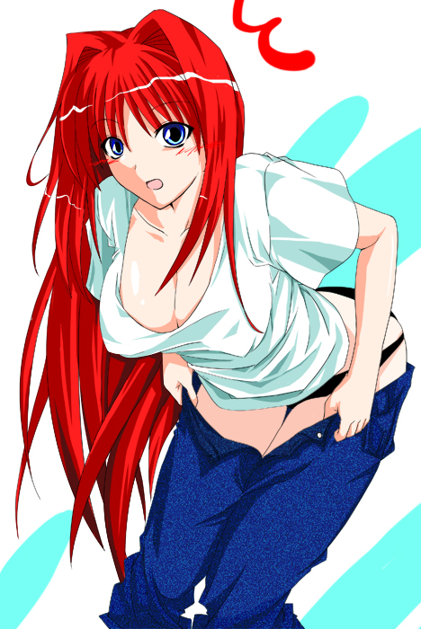 aozaki_aoko blue_eyes breasts cleavage dressing female hagane_soushi hair_intakes jeans kagura_soushi long_hair mahou_tsukai_no_yoru melty_blood panties red_hair solo surprised t-shirt tsukihime type-moon underwear