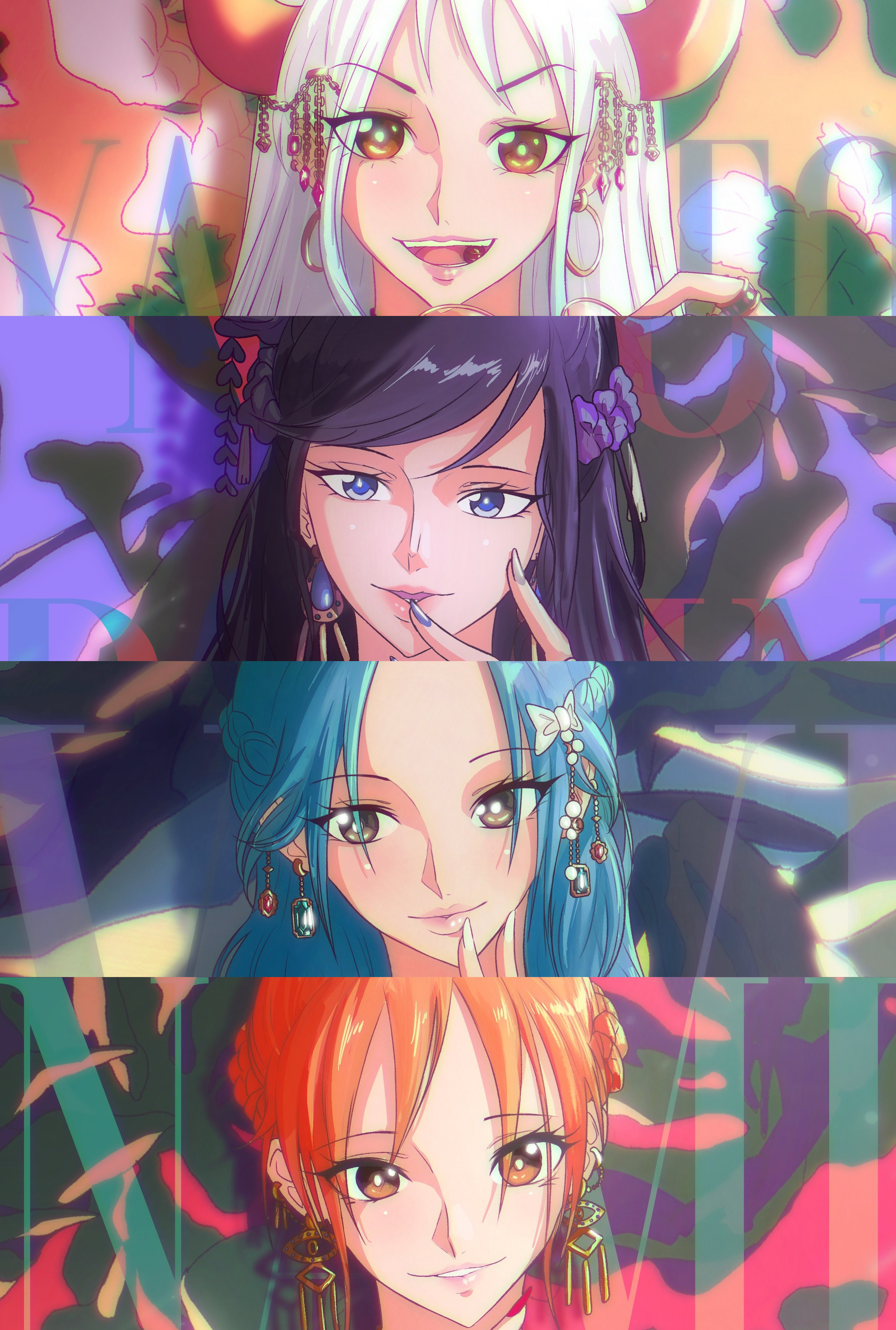 4girls, black hair, black-haired female, blue hair, blue-haired female, female, female only, multiple females, multiple girls, nami (one piece), nefertari vivi, nico robin, one piece, opalisart, orange hair, orange-haired female, post-timeskip, two-tone hair, white hair, white-haired female, yamato (one piece)