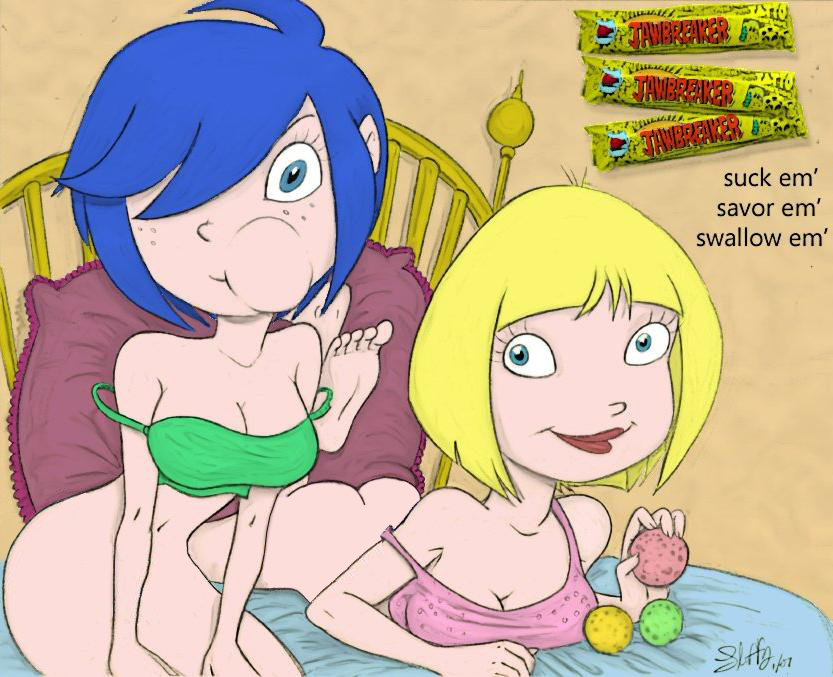 2007 2girls advert blonde_hair blue_eyes bob_cut bottomless breasts cleavage color duo ed_edd_n_eddy female fluffy_(artist) freckles hair_over_one_eye hourglass_figure human humanoid inferno_edits jawbreaker kanker_sisters marie_kanker multiple_girls nazz_van_bartonschmeer straight_hair tank_top text voluptuous yuri