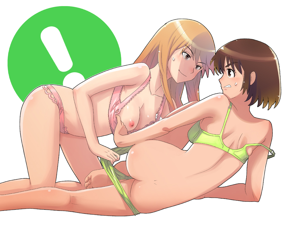 ! asagi_ayase ass ayase_asagi ayase_fuuka bare_shoulders bent_over blonde_hair blush boyaking bra bra_pull breast_slip breasts brown_eyes brown_hair dimples_of_venus female fuuka_ayase green_bra green_panties incest lingerie long_hair lying multiple_girls nipples on_side one_breast_out panties panty_pull pink_bra pink_panties short_hair siblings sisters skindentation strap_slip sweat teeth underwear underwear_only undressing white_background yotsuba&! yuri