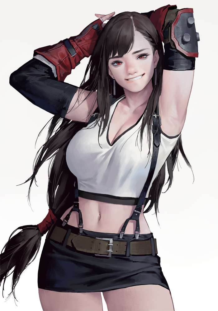 1girls armpits arms_up breasts cleavage clothed dhk female final_fantasy final_fantasy_vii long_hair looking_at_viewer midriff navel shorts smile solo solo_female tifa_lockhart