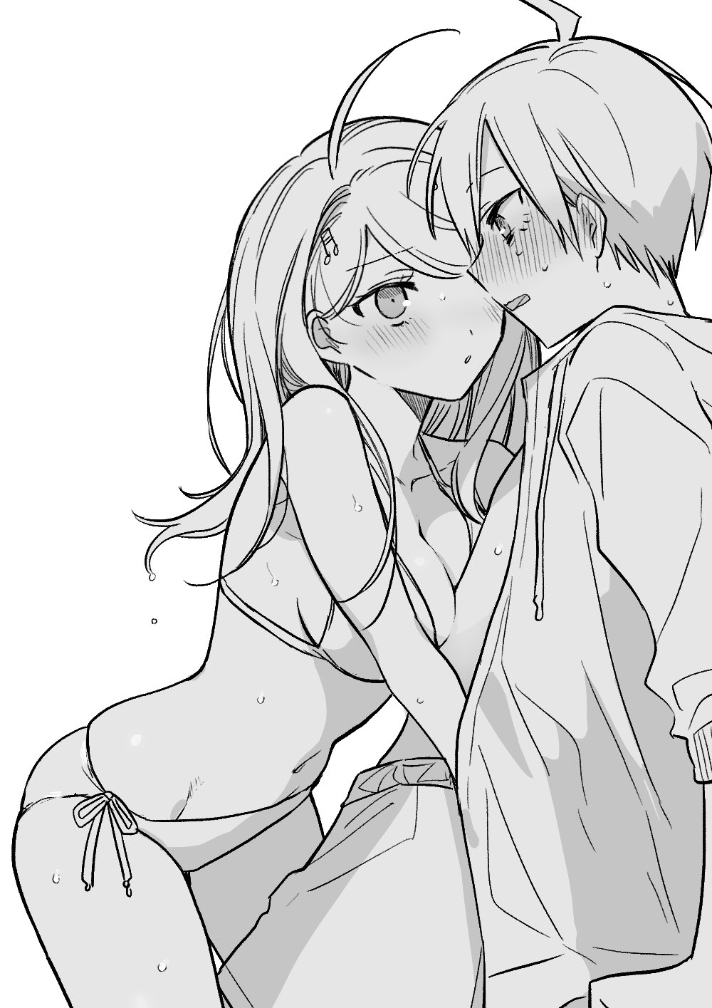 1boy, 1girls, ahoge, akamatsu kaede, artist request, bikini, bikini bottom, bikini top, blush, boxers, bra, cuddling, danganronpa, danganronpa v3, eye contact, female, female/male, hair clips, high resolution, highres, human, humanoid, long hair, male, male/female, monochrome, mouth hold, no color, panties, saihara shuuichi, shirt, short hair, shuichi saihara, smooth skin, sweat, sweatdrop, sweating, unzipped, water, wholesome