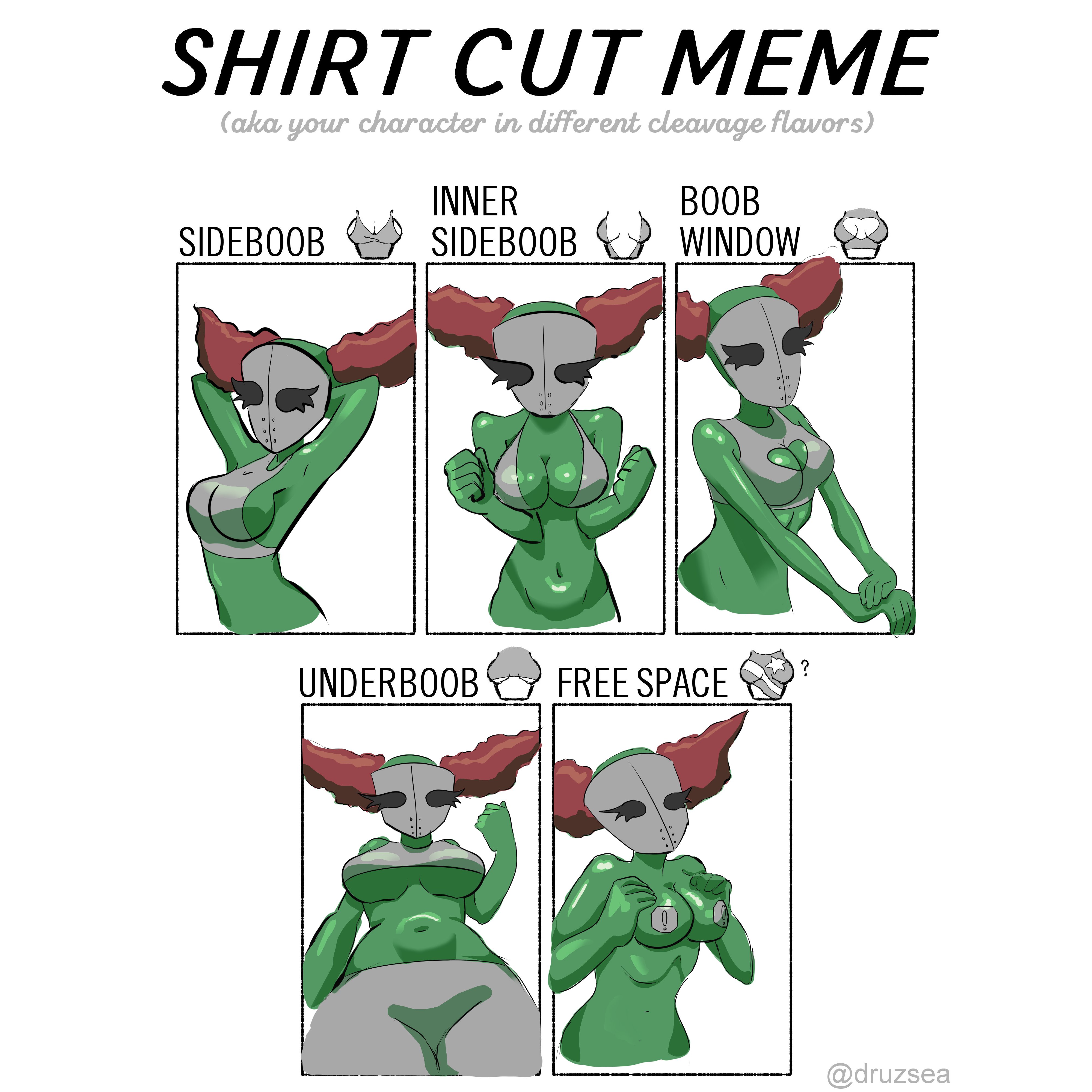 !, bikini top, boob window, breasts, cleavage, clown, conarti16049039, exclamation point, eyelashes, female, green skin, grey clothing, hockey mask, madness combat, mask, meme, midriff, nipple pasties, pose, red hair, shirt cut meme, sideboob, solo, tricky the clown, underboob, zombie, zombie girl