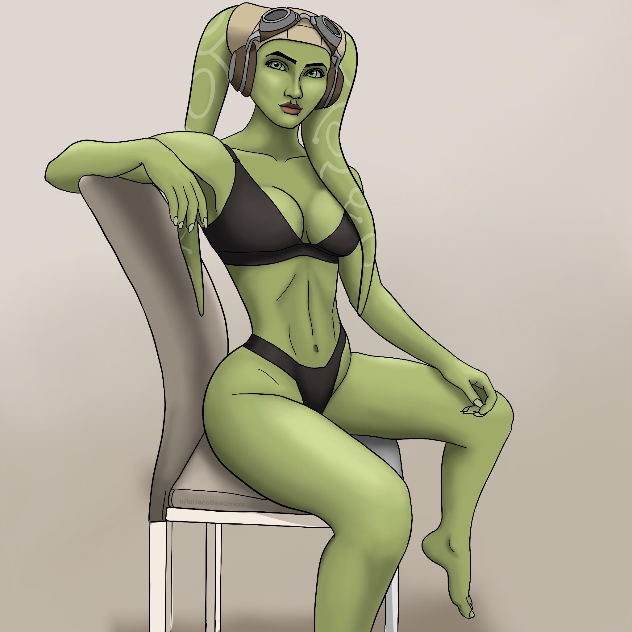 1girls, alien girl, big breasts, black lingerie, black underwear, breasts, cleavage, clothed, clothing, curvy, female, female focus, female only, green eyes, green skin, hera syndulla, looking at viewer, navel, panties, pose, revealing clothes, simple background, sitting, skinny, solo, star wars, star wars rebels, terracottawarriorr (artist), twi'lek, underwear, wide hips
