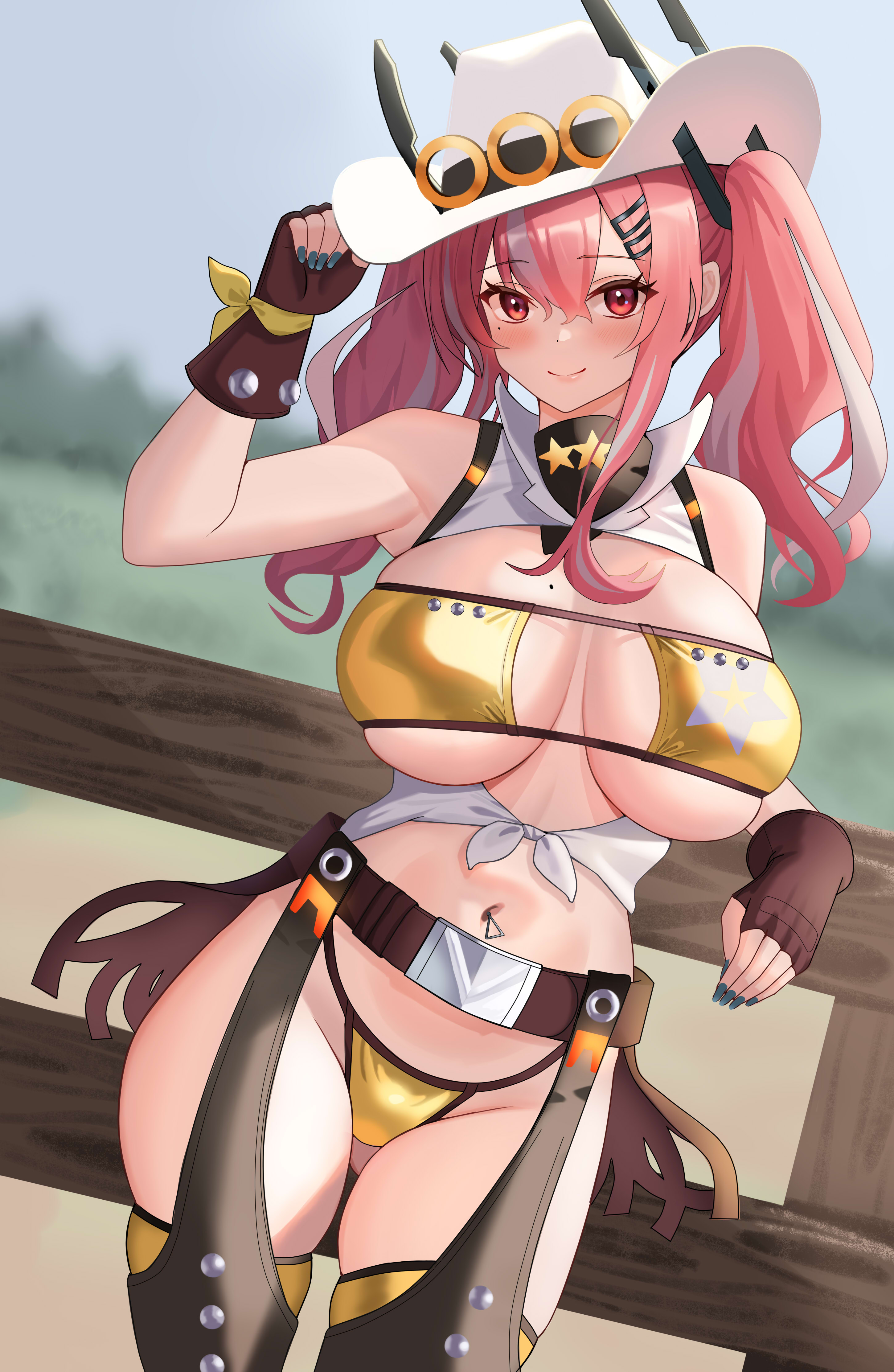 1girls, azur lane, bikini, breasts, bremerton (azur lane), chaps, cow girl, cowboy hat, eyepatch bikini, female, fingerless gloves, fujionaice, hi res, hips, huge breasts, light skin, light-skinned female, medium hair, outdoors, pink eyes, pink hair, skindentation, slim waist, smile, thick thighs, thighs, twintails, wide hips, yellow bikini