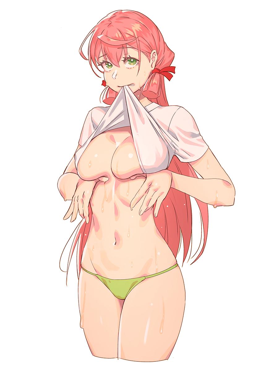 1girls akashi_(kantai_collection) bikini_bottom biting_shirt breast_lift flashing green_eyes holding_breast kantai_collection long_hair medium_breasts nipple_bulge no_bra pink_hair shirt_lift short_sleeves underboob wet yuuji_(and)