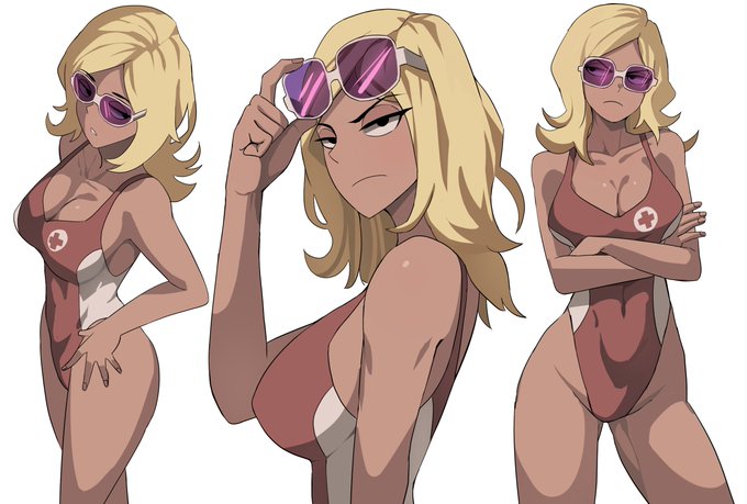 1girls adjusting_eyewear adjusting_glasses bare_shoulders blonde_hair breasts cleavage collarbone crossed_arms eyewear female female_focus female_only glaring hips jourd4n kick_buttowski looking_at_viewer one-piece_swimsuit parted_lips pink-tinted_eyewear pose shannon_(kick_buttowski) sunglasses swimsuit swimwear tan_skin tanned_skin thighs tinted_eyewear white_background