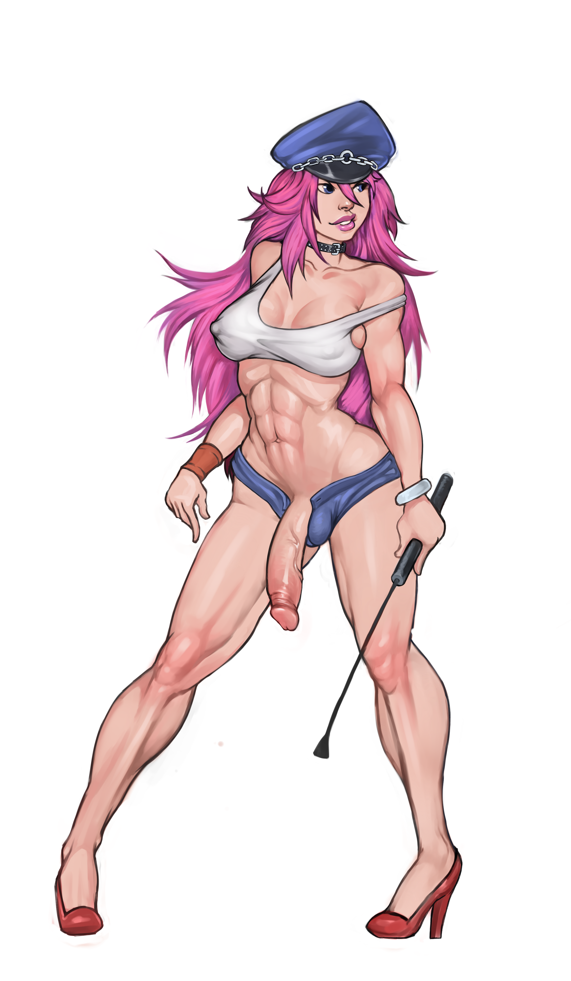 1futa, abs, big breasts, big penis, blue eyes, breasts, busty, cap, choker, clothed, clothing, final fight, flaccid, futa only, futanari, high heels, human, intersex, large breasts, large penis, light skin, light-skinned futa, long hair, mostly clothed, mostly nude, penis, pink hair, poison (final fight), polkovnikgru, solo, standing, street fighter, toned, veiny penis, white background