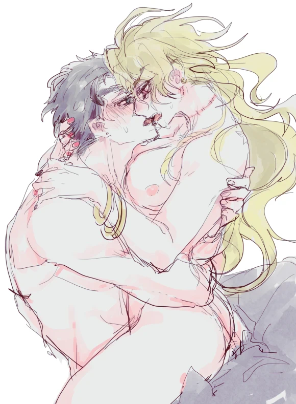 1boy 1girls black_hair blonde_hair bracelet bracelets breasts dio_brando female female_dio gender_bender genderswap_(mtf) hetero jojo's_bizarre_adventure jotaro_kujo kissing nude_female rule_63 saleki stardust_crusaders straight vaginal_sex white_background