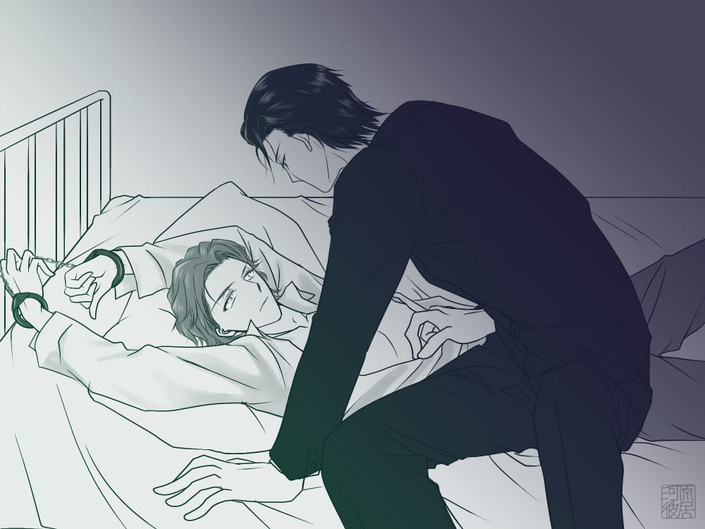 2boys albert_james_moriarty bondage dubious_consent fully_clothed gay handcuffed_to_bed m/m moriarty_the_patriot mycroft_holmes partially_clothed suit