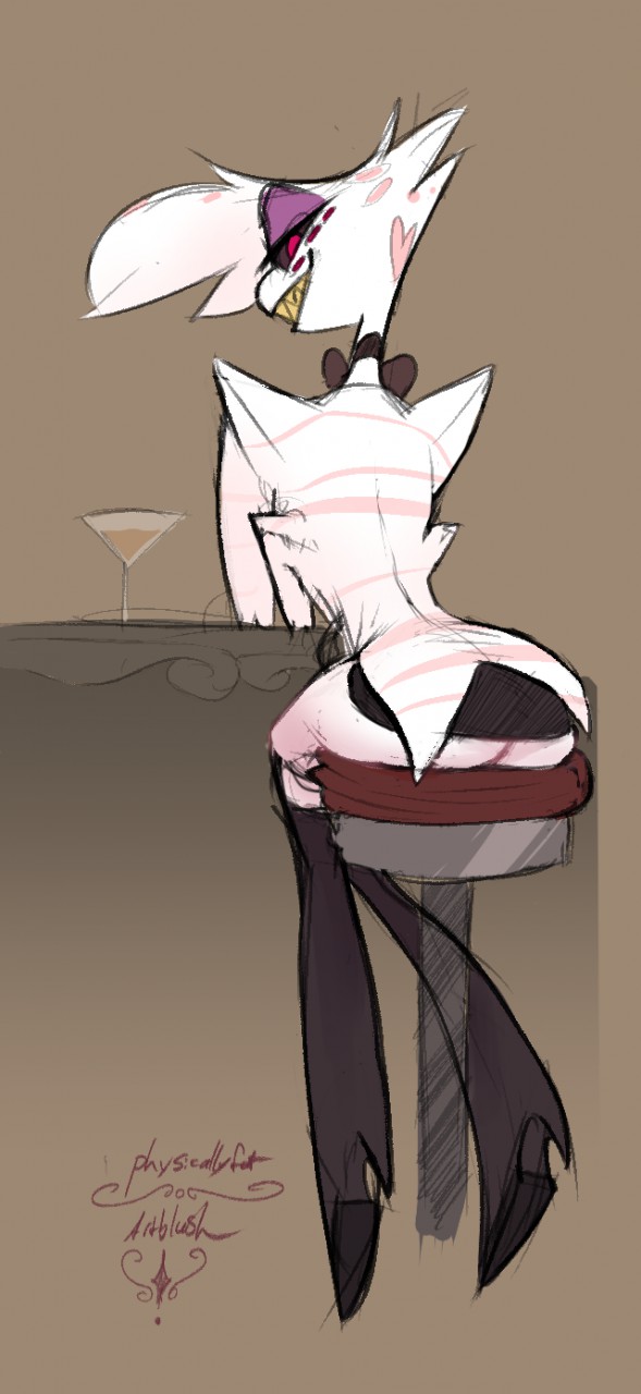 1boy, 4 arms, angel dust (hazbin hotel), arched back, artblush, ass, choker, clothed, demon, hazbin hotel, looking at viewer, looking back, male, male only, multi arm, multi limb, presenting ass, sharp teeth, sitting, skirt, solo, solo focus, solo male, spider, thick thighs, thighhighs, thighs, white fur, white skin