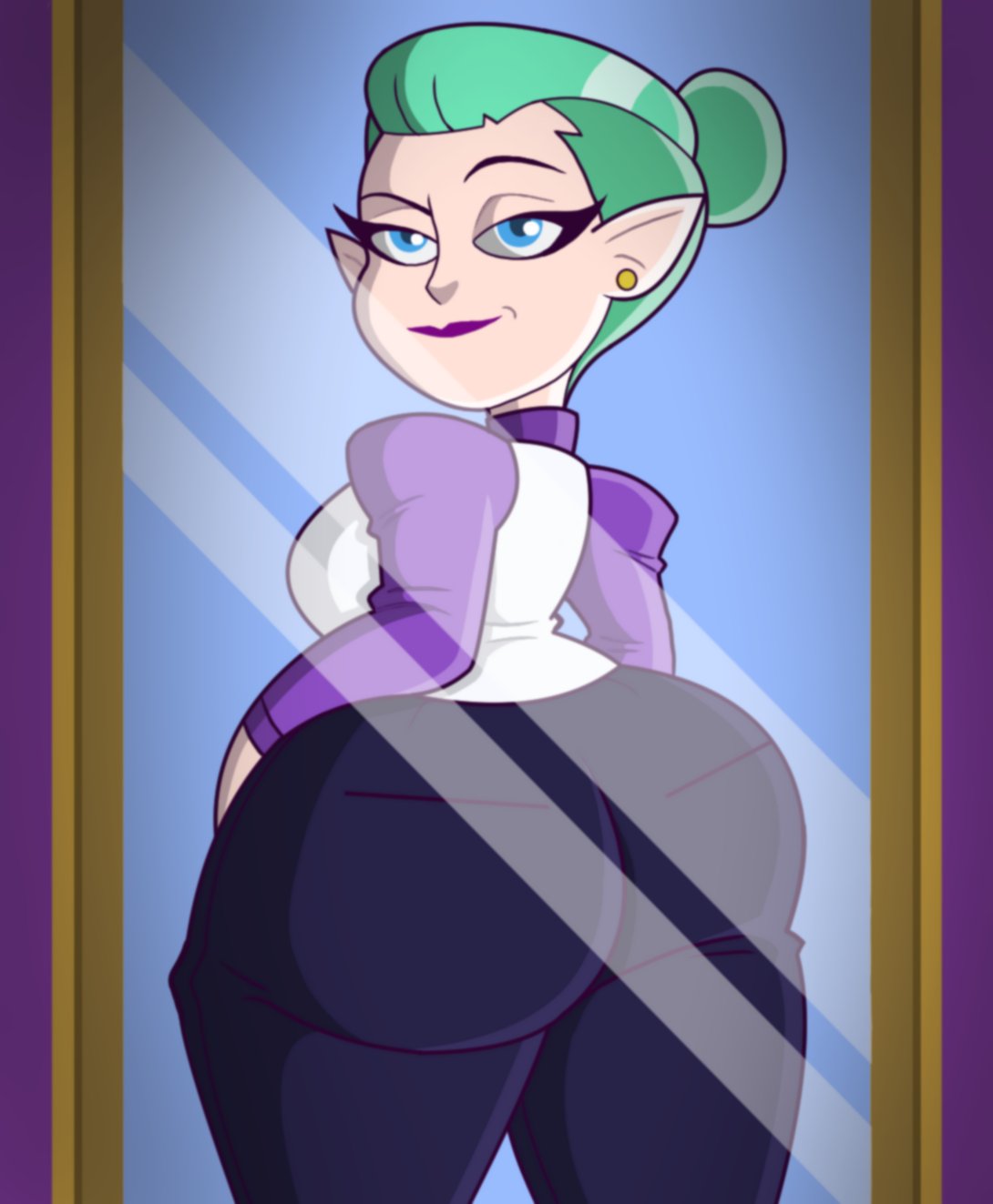 ass big_ass big_butt blue_eyes bottom_heavy breasts bubble_ass bubble_butt disney disney_channel disney_xd dress_shirt earrings fat_ass fat_butt female female_only green_hair kinggargantuas large_ass large_butt lipstick looking_at_viewer looking_back mature mature_female milf mirror mirror_reflection mother odalia_blight pants pointed_ears reflection smooth_skin the_owl_house thick_ass thick_thighs tufted_hair wide_hips witch