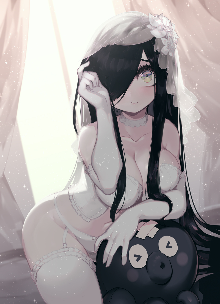 1girls aria_(parororo) aria_wintermint big_breasts black_hair breasts cleavage dark_hair elbow_gloves green_eyes hair_over_one_eye large_breasts looking_at_viewer one_eye_covered original original_character pale_skin parororo tagme veil wedding_lingerie