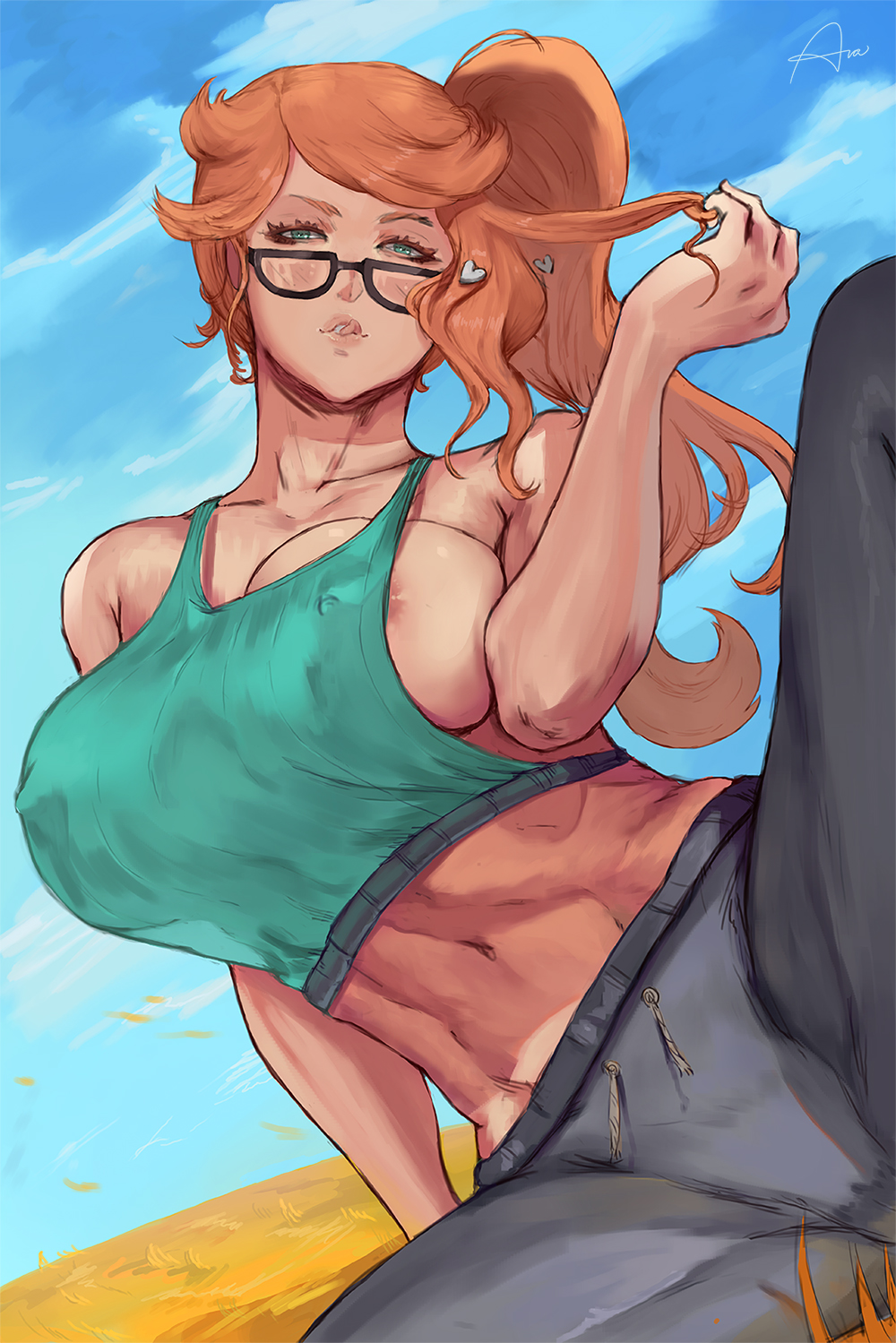 1girls, 2021, alternate body type, alternate breast size, araneesama, areola slip, belly, big breasts, breasts, cutesexyrobutts (style), eyebrows, eyelashes, female, female focus, female only, glasses, half-closed eyes, long hair, looking at viewer, midriff, navel, nintendo, nipple bulge, nipples visible through clothing, no bra, orange hair, orange-haired female, pants, pokemon, pokemon ss, ponytail, simple background, solo, solo female, solo focus, sonia (pokemon), tongue, tongue out, top, topwear, turquoise eyes, turquoise top, turquoise topwear