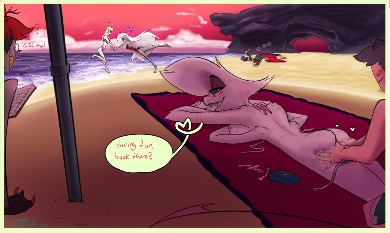 2girls, 4boys, alastor (hazbin hotel), angel dust (hazbin hotel), artblush, ass, ass grab, beach, big ass, bikini, black fur, blonde hair, casual, charlie morningstar (hazbin hotel), chest tuft, dark skin, deer, demon, drunk, female, gay, grey skin, hands on ass, hazbin hotel, husk (hazbin hotel), looking back, looking pleasured, lotion, male, male/male, naked, nude, on stomach, pale skin, panties down, public, red hair, sharp teeth, smile, smiling, spider, straight hair, string bikini, text, thighs, vaggie (hazbin hotel), white fur, white hair, white skin, wings