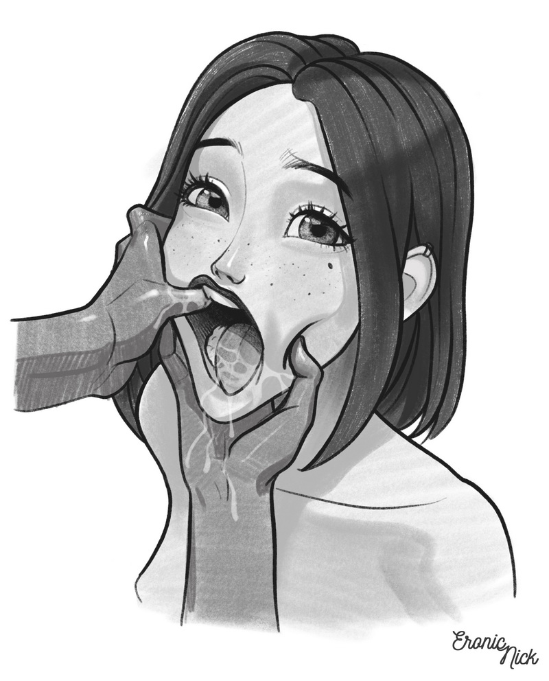 1girls blue_eyes bob_cut brown_hair close-up fishhooking imminent_deepthroat imminent_oral looking_at_viewer medium_hair monochrome nickeronic nude open_mouth oral petite portrait presenting_mouth presenting_throat samsung samsung_sam spread_mouth throat wet