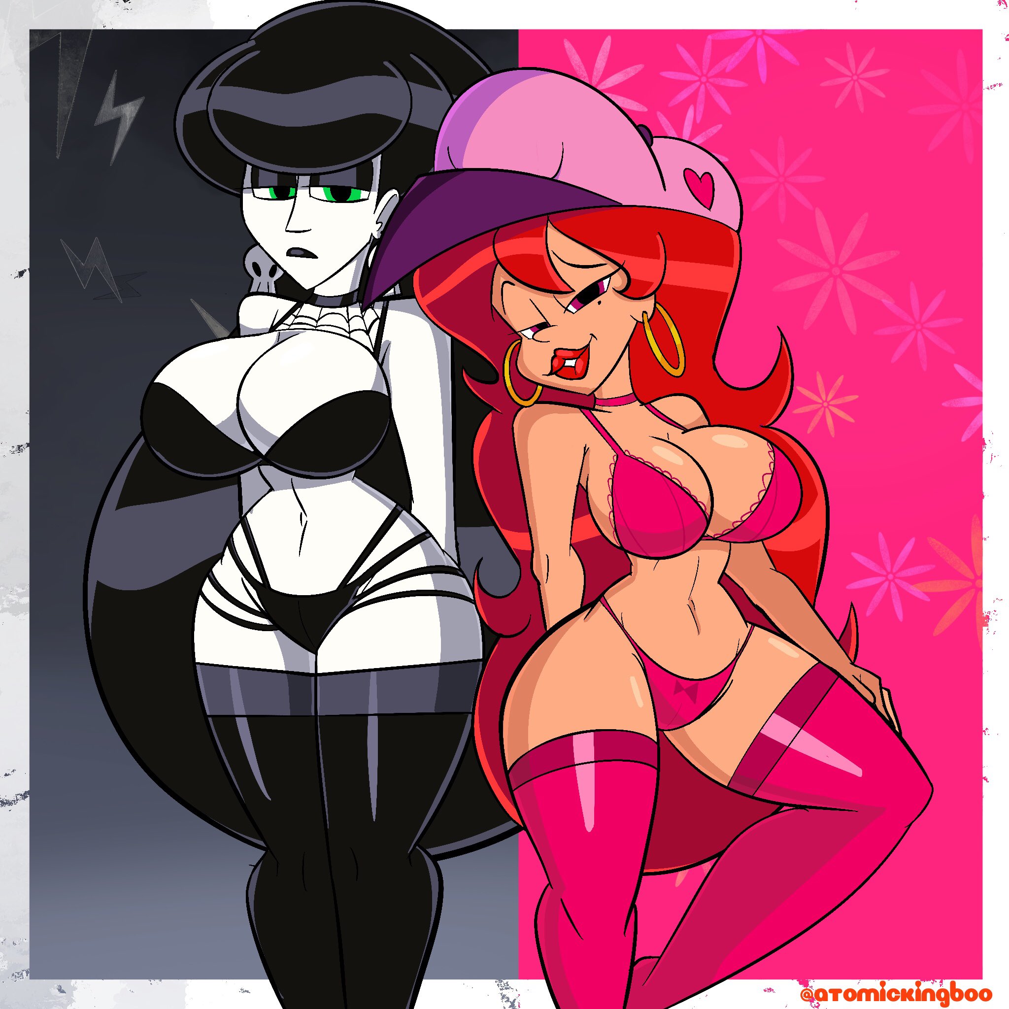 2girls, artist name, atomickingboo, beauty mark, black hair, black lipstick, breasts, bust, busty, cleavage, curvaceous, curvy, curvy figure, ear piercing, earrings, eyes, female, female focus, female only, goth, goth girl, green eyes, hair, hips, hourglass figure, legs, light skin, light-skinned female, lindel dollice quilten, lips, lipstick, long hair, looking at viewer, lower body, mole, mole above mouth, mouth, multiple females, multiple girls, original, original character, pale skin, pale-skinned female, piercing, red eyes, red hair, thick legs, thick thighs, thighs, top heavy, upper body, valerie valentine (atomickingboo), voluptuous, waist, wide hips