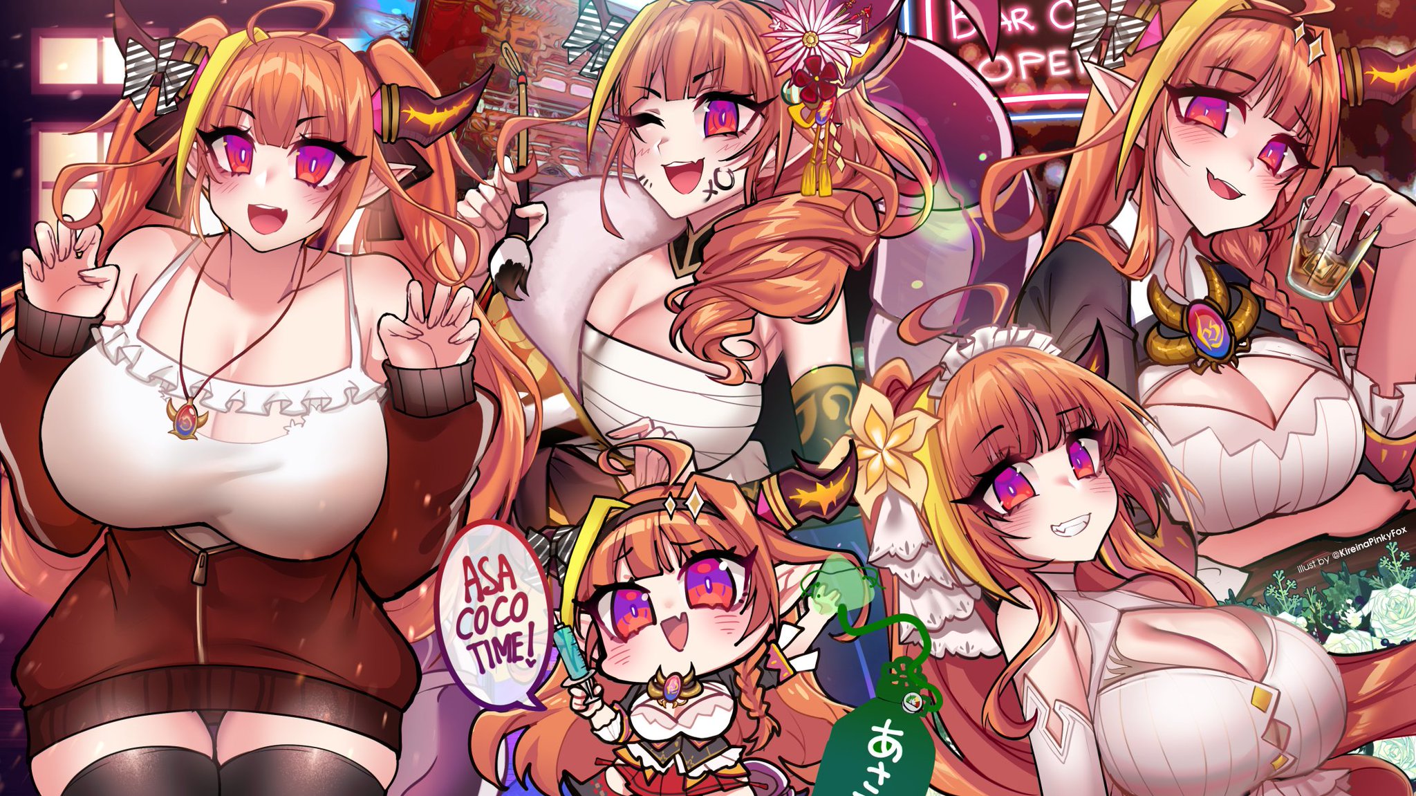 alternate costume, alternate hairstyle, big breasts, breasts, cleavage, curvy, dragon girl, dragon horns, fangs, female, hair ornament, holoforce, hololive, hololive japan, horns, huge cock, kimono, kiryu coco, looking at viewer, male, multicolored eyes, necklace, orange hair, osiimi, penis, pointy ears, sweatshirt, thick thighs, thighhighs, twintails, virtual youtuber, wedding dress
