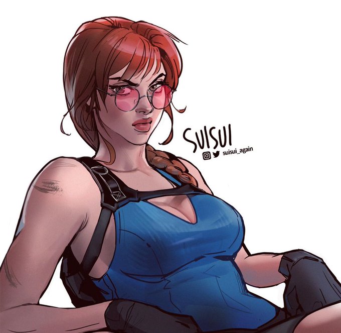 1girls artist_name ash_(rainbow_six) bangs bare_shoulders blue_shirt braid braided_hair breasts cleavage cosplay female female_focus female_only lara_croft lara_croft_(cosplay) long_hair looking_over_eyewear looking_over_glasses looking_over_sunglasses rainbow_six rainbow_six_siege red-tinted_eyewear red_hair suisui sunglasses tanktop tied_hair tinted_eyewear tomb_raider