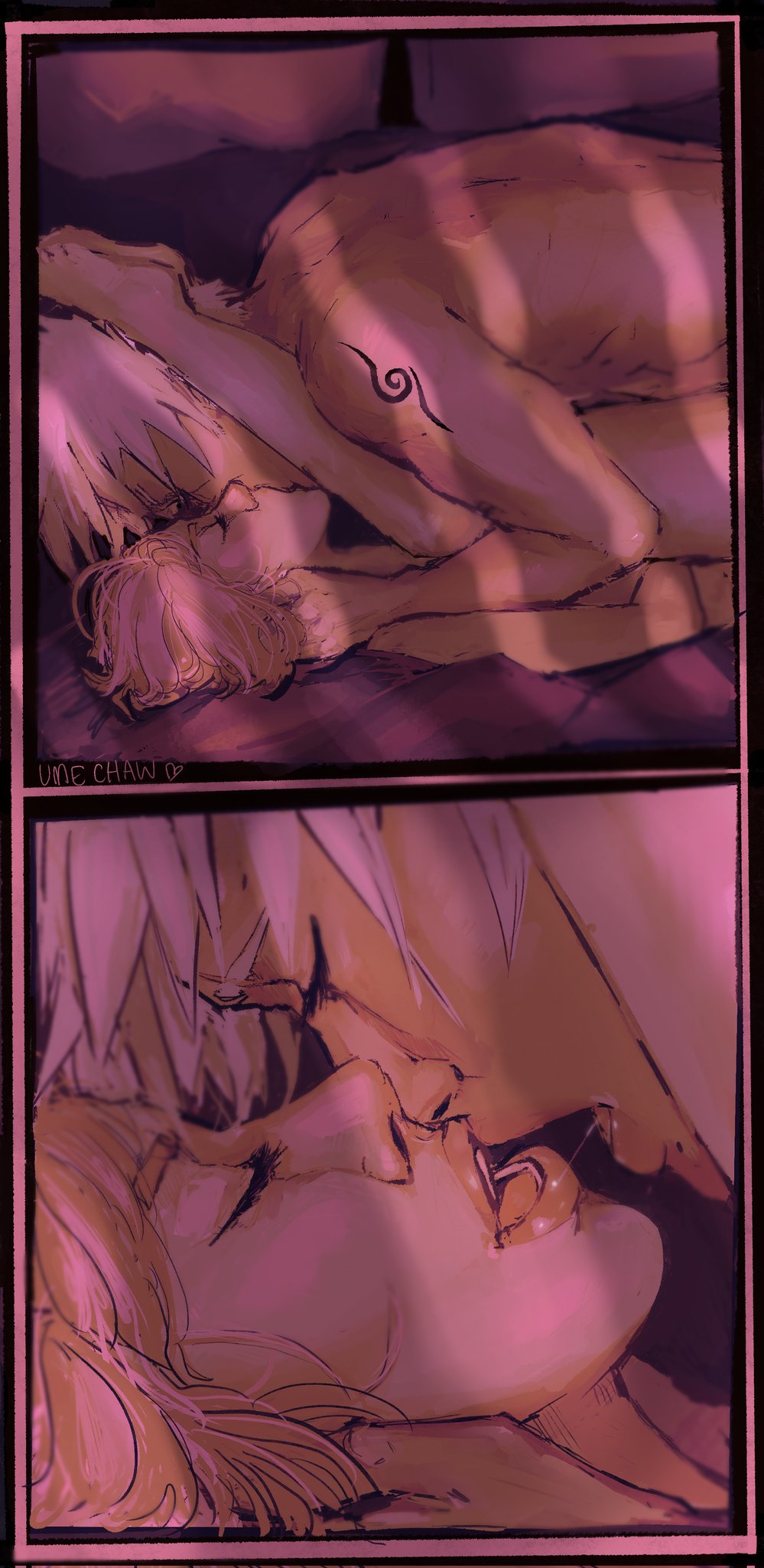 1boy, 1girls, after kiss, age difference, arm tattoo, female, female human, femsub, hatake kakashi, human, human male, kissing, kissing while penetrated, legs up, light skin, light-skinned female, long hair, lying on back, lying on person, male, mating press, mature male, missionary, missionary position, naked, naruto, naruto (series), naruto shippuden, older male, older penetrating younger, open mouth, passionate, pink hair, pussy, sakura haruno, sex, short hair, silver hair, split screen, tattoo, teacher and student, teenage female, teenager, umechaw, vaginal penetration, younger female