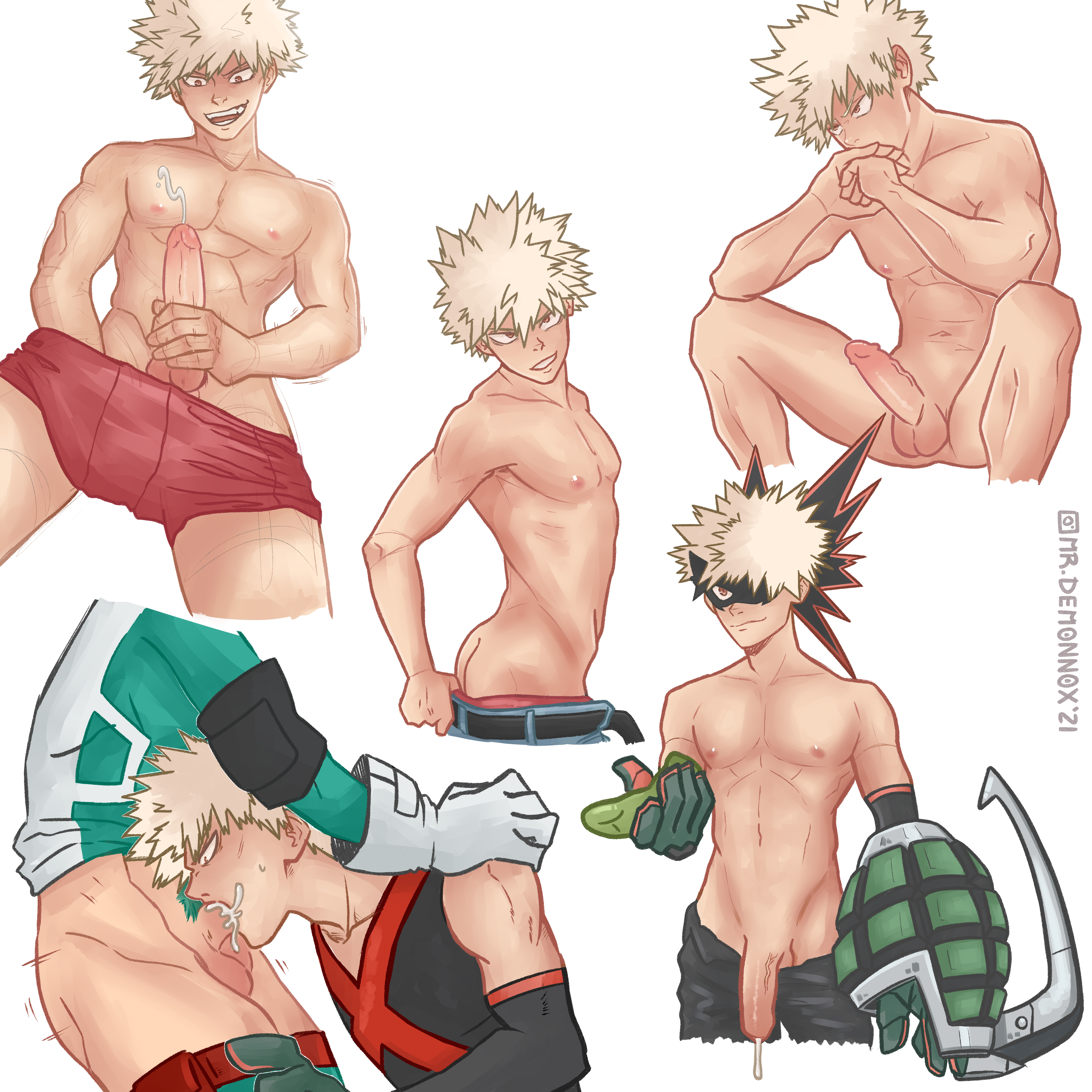 blowjob, boxers, cum, demonnox, fellatio, gay, izuku midoriya, katsuki bakugou, male, my hero academia, nude, penis, rough sex, spiky hair
