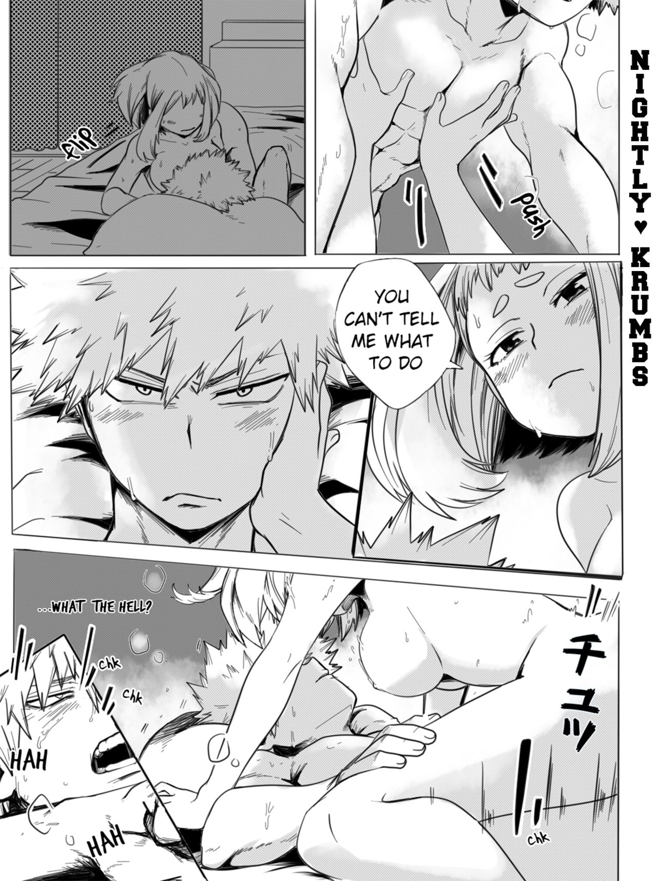 1boy, 1girls, aroused, black and white, breasts, cheating, cheating girlfriend, comic, comics, completely nude, cowgirl position, doujinshi, english text, female, female human, female on top, human, human male, imminent sex, katsuki bakugou, male, monochrome, my hero academia, nightlykrumbs, nude, ochako uraraka, pussy, romantic sex, sex, spiky hair, straddling, teenage girl, teenager, vaginal penetration