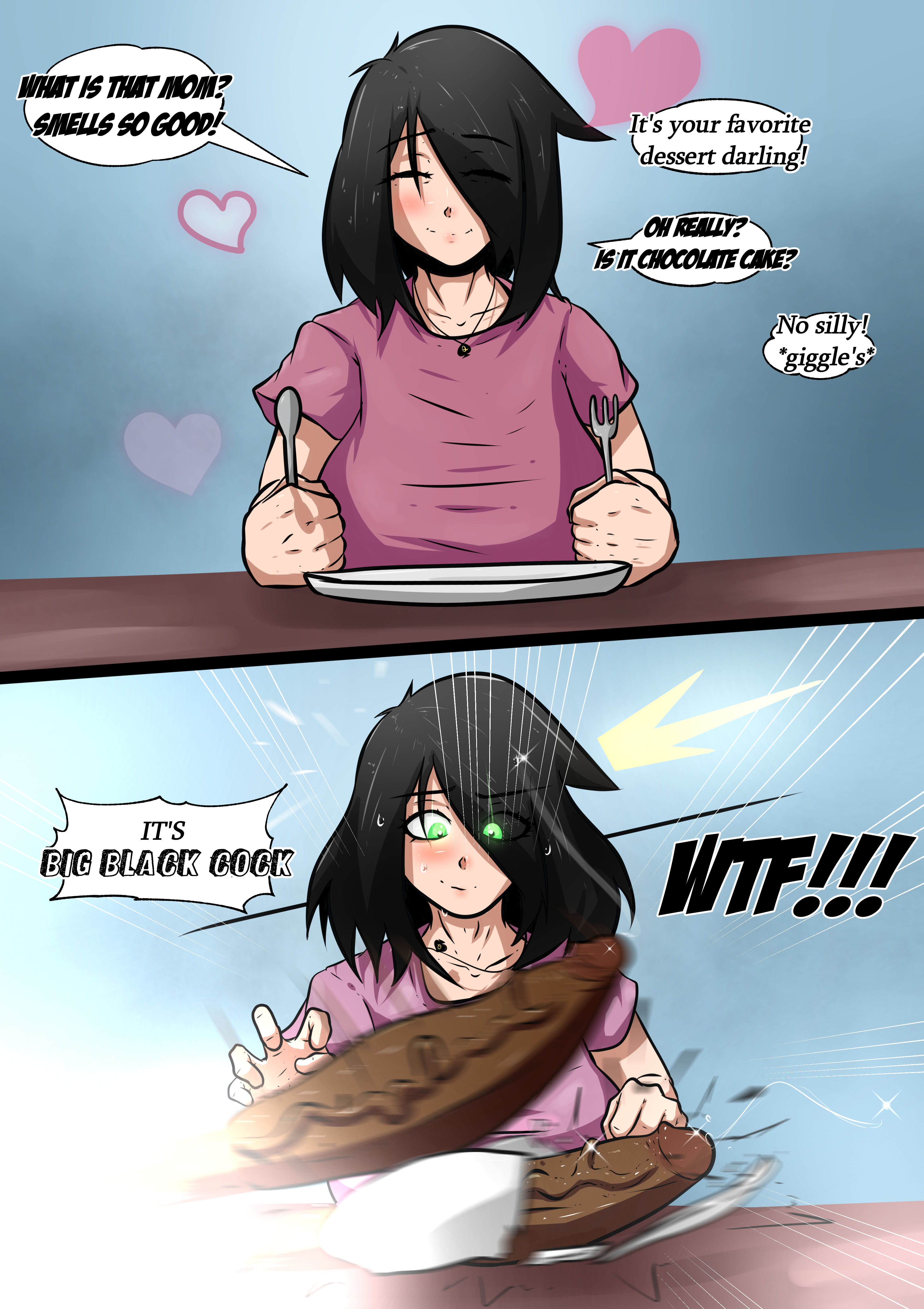 1boy, 1girls, 2koma, absurdres, big penis, breasts, dark skin, dark-skinned male, disembodied penis, english text, female, highres, interracial, large breasts, male, microchip (artist), original, penis, penis awe, pixiv, queen of spades, quinn (microchip), raceplay, text, uncensored