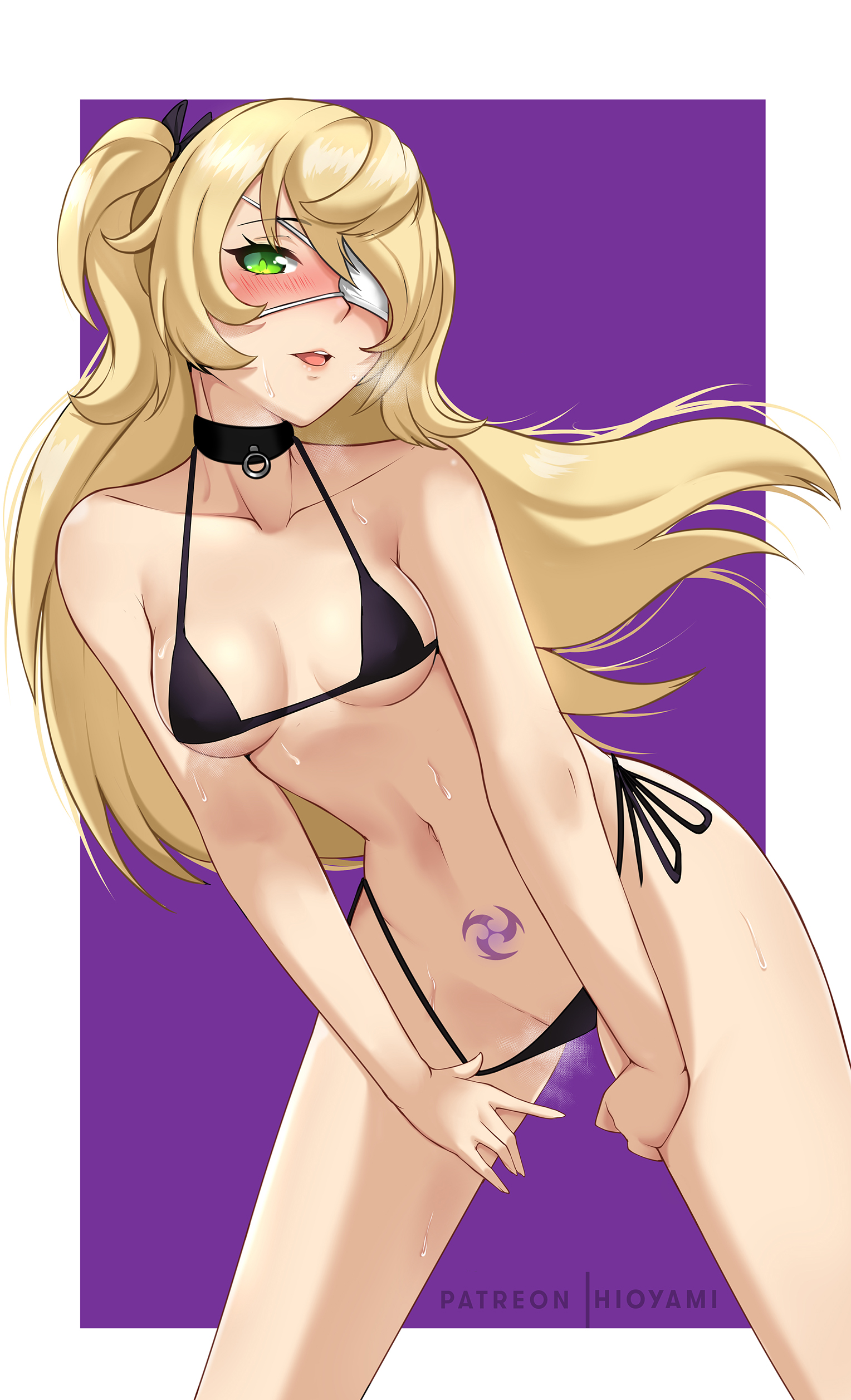 1girls, absurdres, barely clothed, belly button, bikini, black bikini, blonde hair, blush, blushing, breasts, choker, collarbone, eyepatch, female, fischl (genshin impact), genshin impact, green eyes, heavy breathing, highres, hioyami, long hair, micro bikini, mouth open, open mouth, pubic tattoo, pulled by self, purple background, pussy, simple background, skimpy bikini, skimpy clothes, small breasts, smile, solo, solo female, steam, steaming body, steamy pussy, sweat, swimsuit, tattoo
