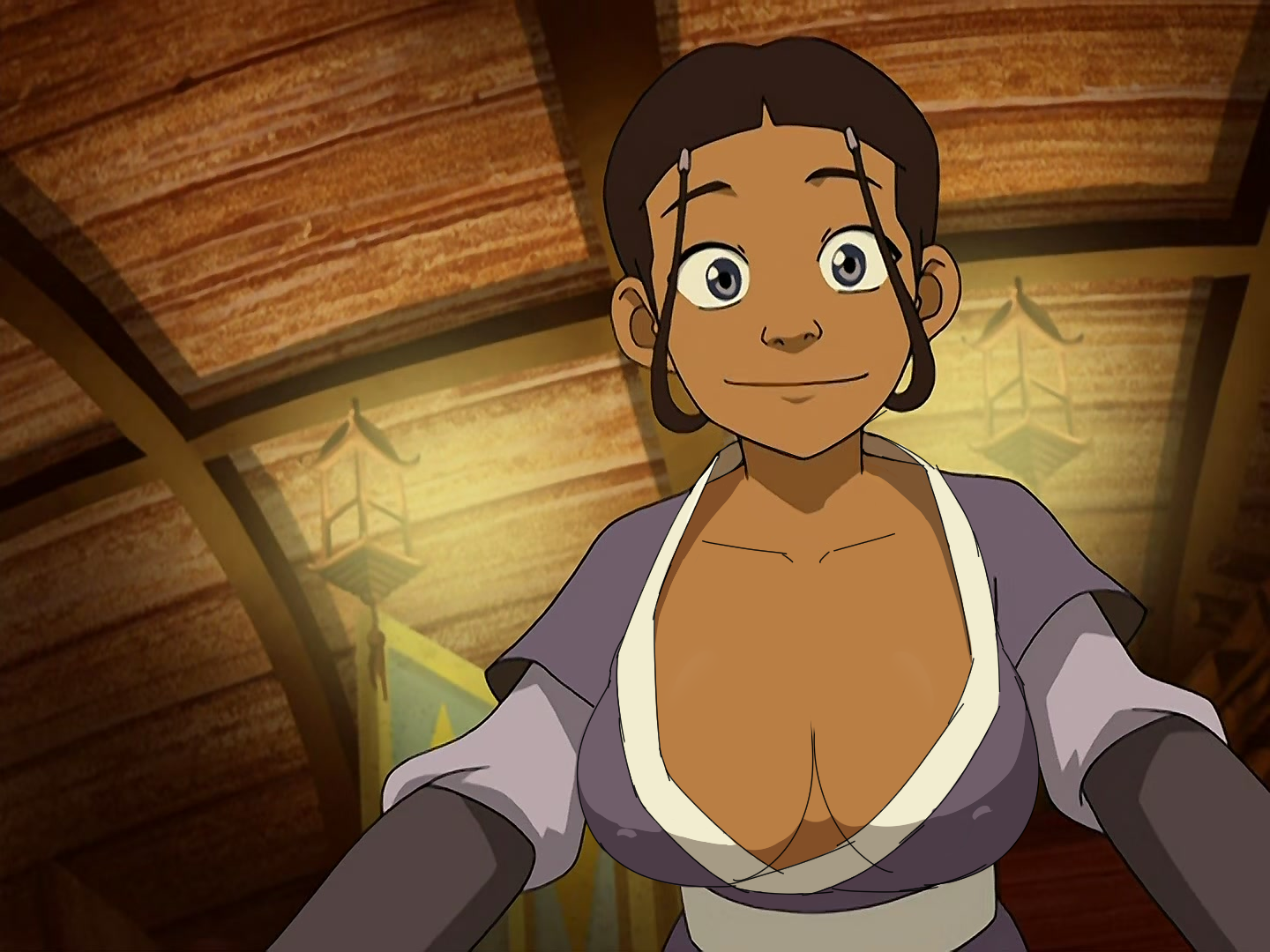 accurate art style, avatar the last airbender, blue eyes, breasts, brown hair, brown skin, cleavage, clothing, diklonius, edit, erect nipples, erect nipples under clothes, female, female only, huge breasts, katara, large breasts, looking at viewer, nickelodeon, nipple bulge, nipples, screenshot edit, solo, solo female, water tribe