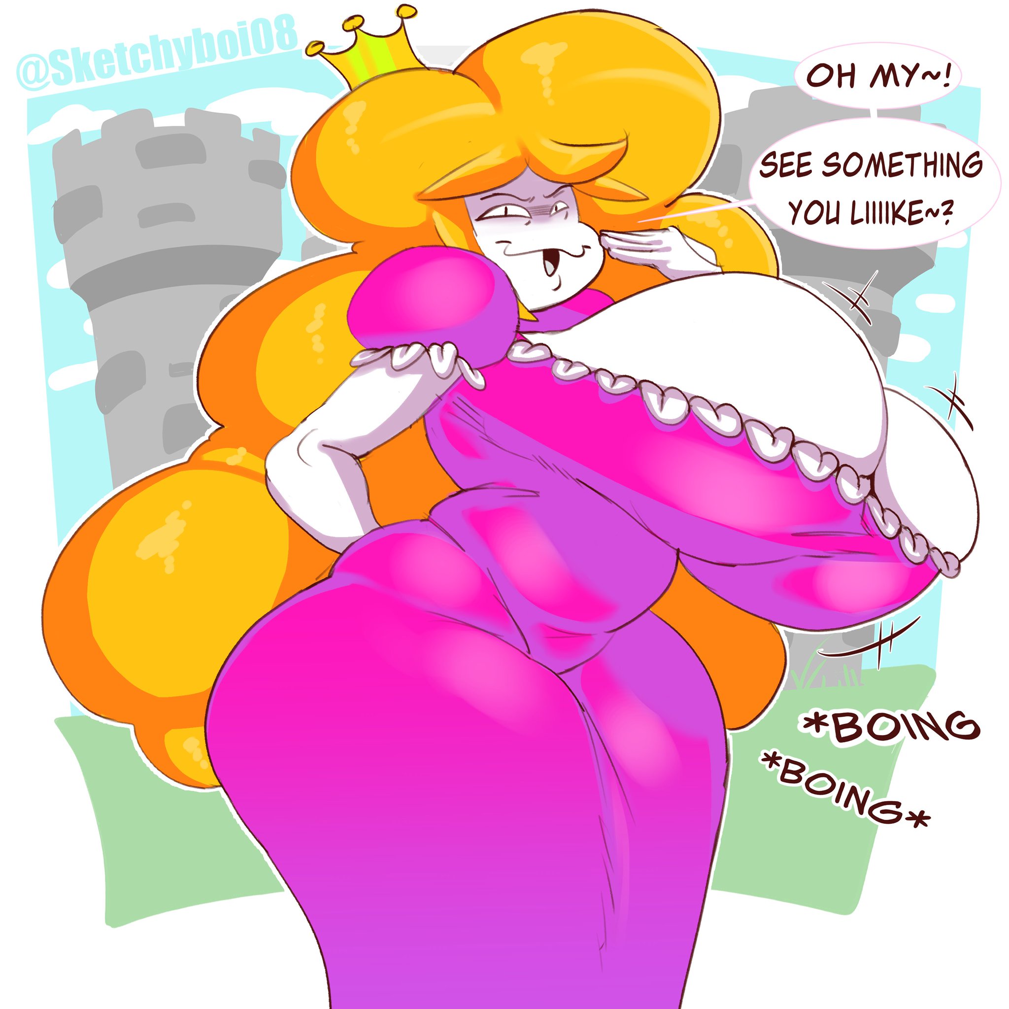 1girls, 2021, black eyes, blonde hair, boing, bouncing breasts, breasts, cleavage, crown, dress, english text, female, flirting, large breasts, laugh, laughing, long hair, oboithisisfunky, onomatopoeia, orange hair, pink dress, princess backache, princess libiris ubera, royalty, sketchyboi08, smug, tagme, text, text bubble, thick thighs, thighs, tight clothing, tight dress, white background