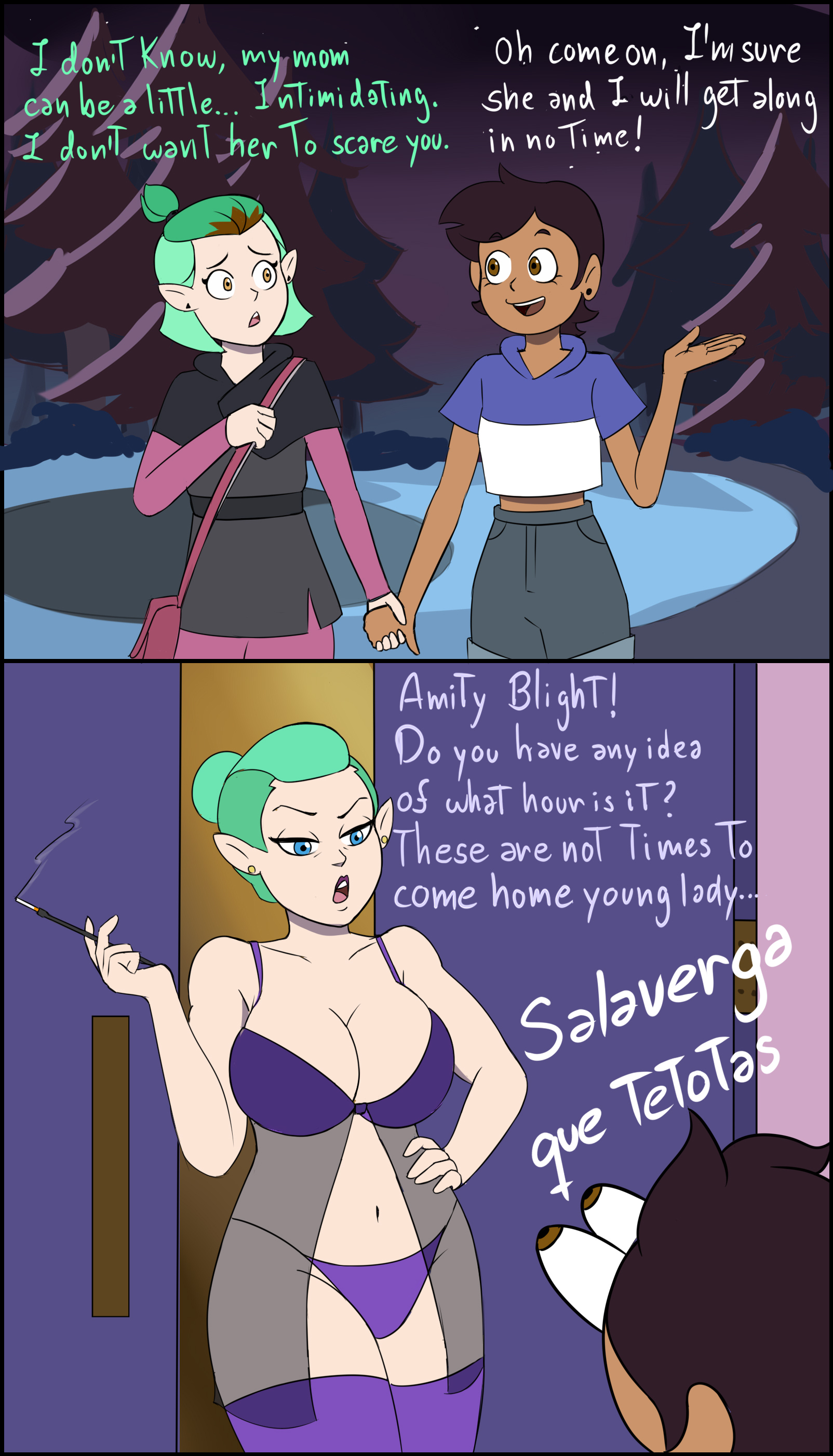 1girls, 3girls, amity blight, awooga, blue eyes, bra, breasts, brown hair, canon couple, casual, cigarette holder, cleavage, clothing, comic, dark skin, dark-skinned female, daughter, devilishrr, dialogue, disney, disney channel, dominican, dyed hair, english text, eyes, eyes popping out, female, green hair, hexside uniform, hispanic, holding hands, human, humanoid, interracial, interracial yuri, interspecies, latina, light skin, light-skinned female, lingerie, luz noceda, milf, mother, mother and daughter, odalia blight, pale skin, panties, pointy ears, purple panties, school uniform, short hair, spanish text, standing, straight hair, text, the owl house, tights, translated, tunic, underwear, uniform, witch, yuri