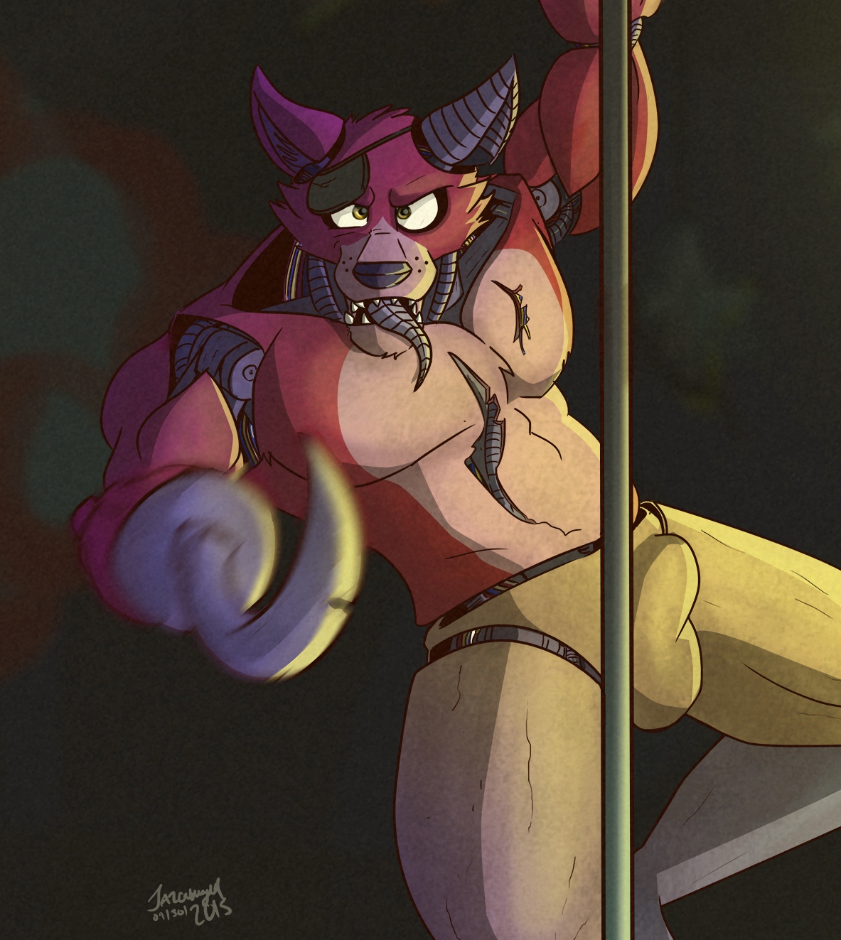 1boy, abs, animatronic, anthro, anthro male, anthro only, bara, biceps, biped, black nose, boner, brown shorts, bulge, bulge through clothing, cables, canid, canine, canis, clothed, erection, erection under clothes, eye patch, eyewear, five nights at freddy's, fox, foxy (fnaf), fur, furry, furry male, furry only, hook, jazcabungcal, looking at viewer, machine, male, male anthro, male furry, male only, male stripper, mammal, masculine male, metal, motion blur, muscular, muscular male, pecs, pectorals, pirate, pointing, pole, pole dancing, red body, red fur, robot, robotic, robotic arm, robotic legs, scar, scars, seductive, solo, solo anthro, solo furry, solo male, stripper, stripper pole, tagme, teeth, tongue, tongue out, torn clothes, wires, yaoi, yellow eyes