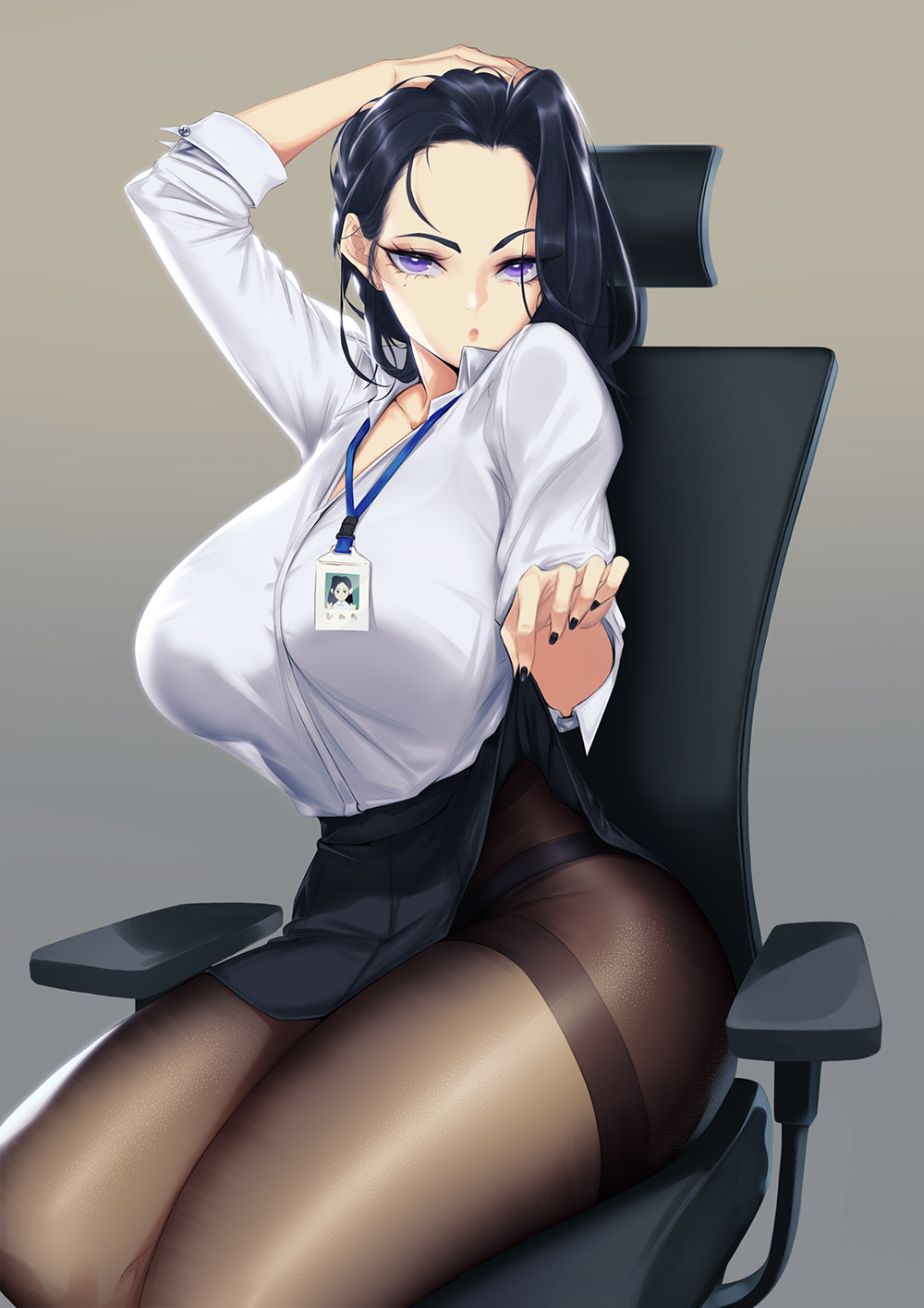 1girls alternate_version_available arm_up bare_legs black_hair black_legwear black_nails black_pantyhose black_skirt blueorca breasts chair collarbone collared_shirt eyelashes female female_focus female_only grey_background hand_on_own_head highres huge_breasts lanyard large_breasts legwear lifted_by_self looking_at_viewer mole mole_under_eye nail_polish office_chair office_lady original panties pantyhose purple_eyes shirt shirt_tucked_in simple_background sitting skirt skirt_lift solo solo_female solo_focus thick_thighs thighs underwear white_panties white_shirt