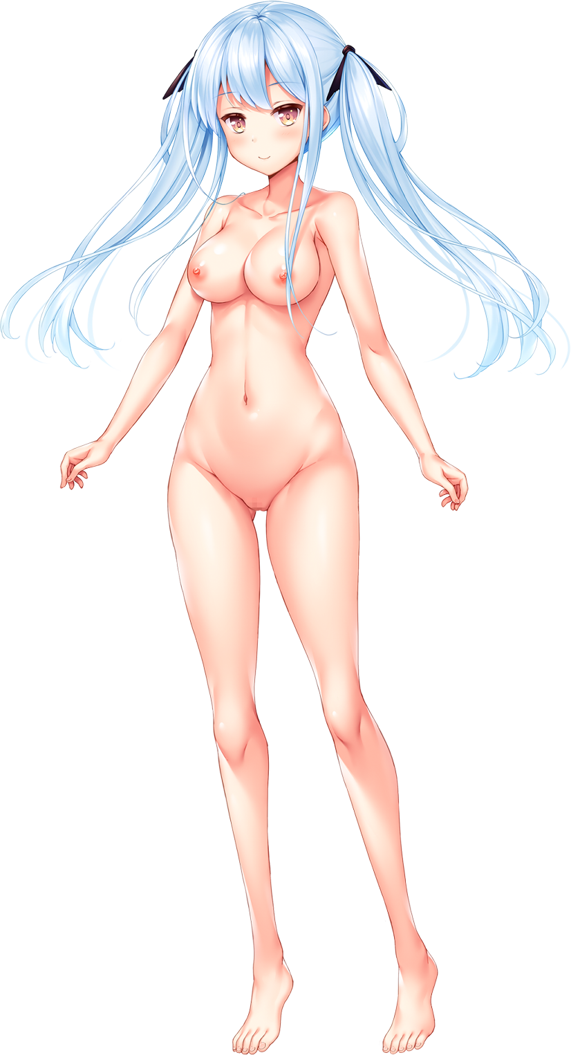 1girls bangs barefoot blush breasts censored colette_(yuukyuu_no_campanella) collarbone completely_nude eyebrows_visible_through_hair female full_body highres ko~cha large_breasts light_blue_hair long_hair mosaic_censoring navel nipples nude official_art photoshop_(medium) pussy red_eyes smile solo tachi-e transparent_background twintails yuukyuu_no_campanella